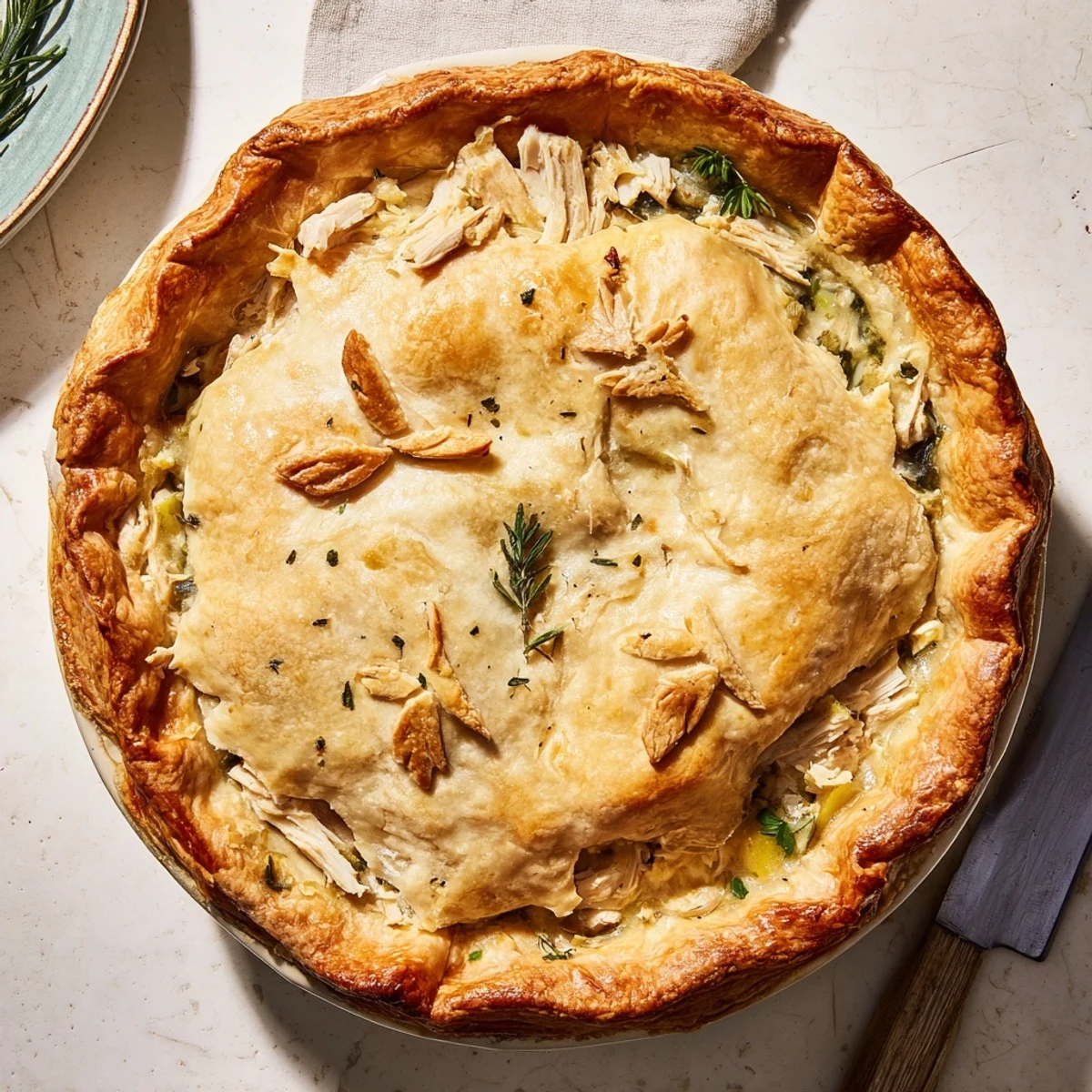 Golden brown rustic chicken ricotta and herb pie with flaky puff pastry crust