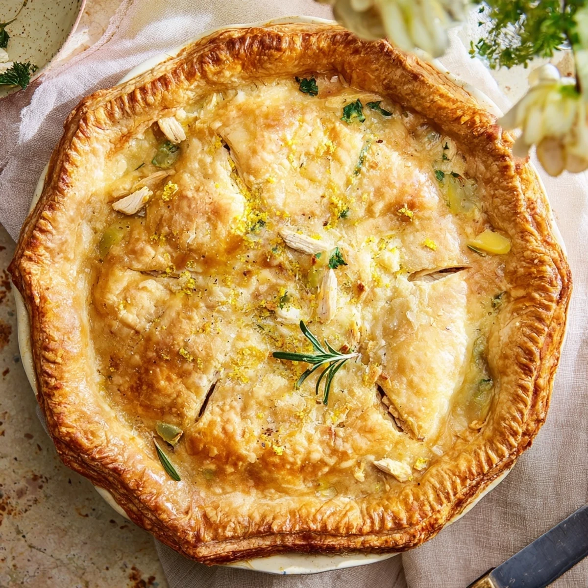 Savory chicken ricotta and herb pie sliced to reveal creamy herb filling inside