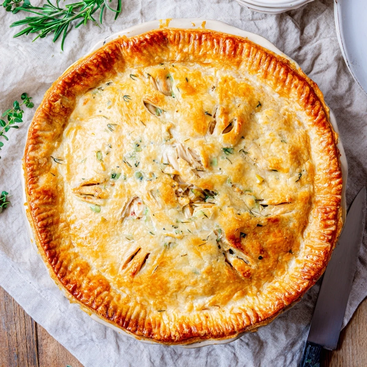 Baked chicken ricotta and herb pie with fresh parsley and golden pastry top