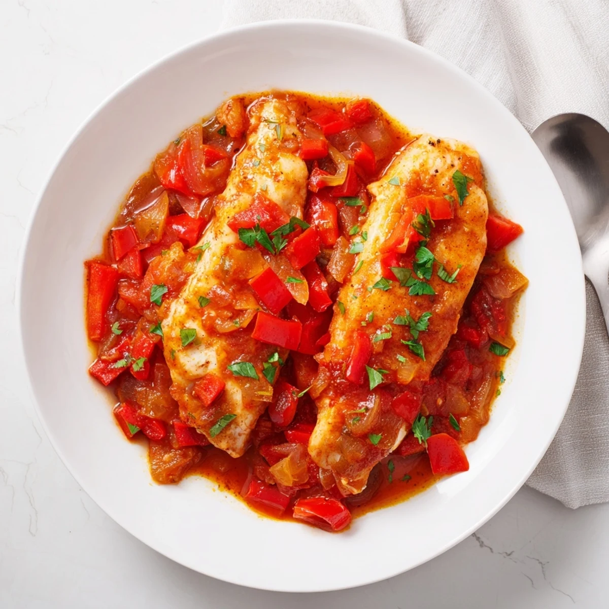 Golden Moroccan braised fish fillets nestled in rich red tomato sauce with fresh herbs