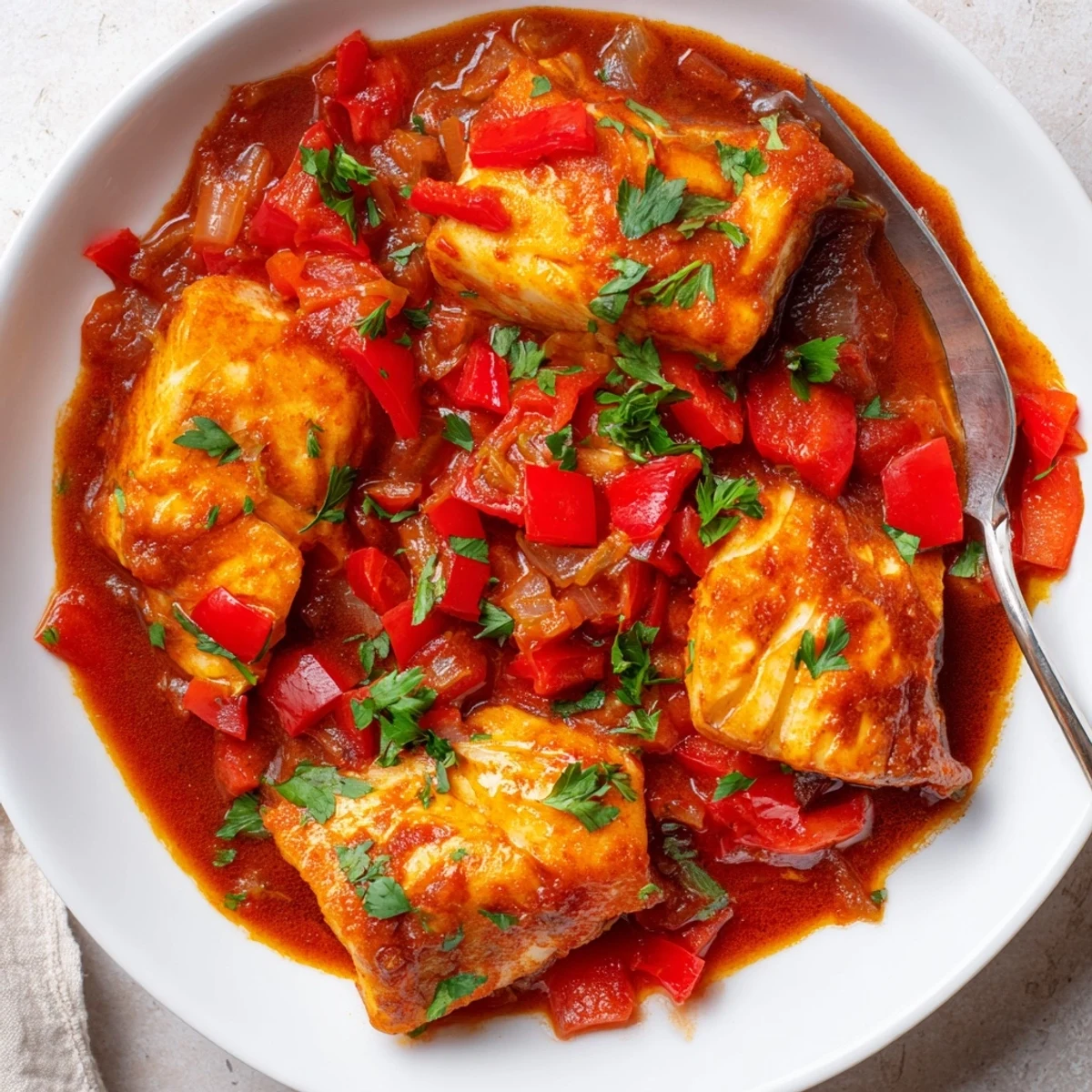 Steaming skillet of Moroccan braised fish in thick tomato sauce served with crusty bread