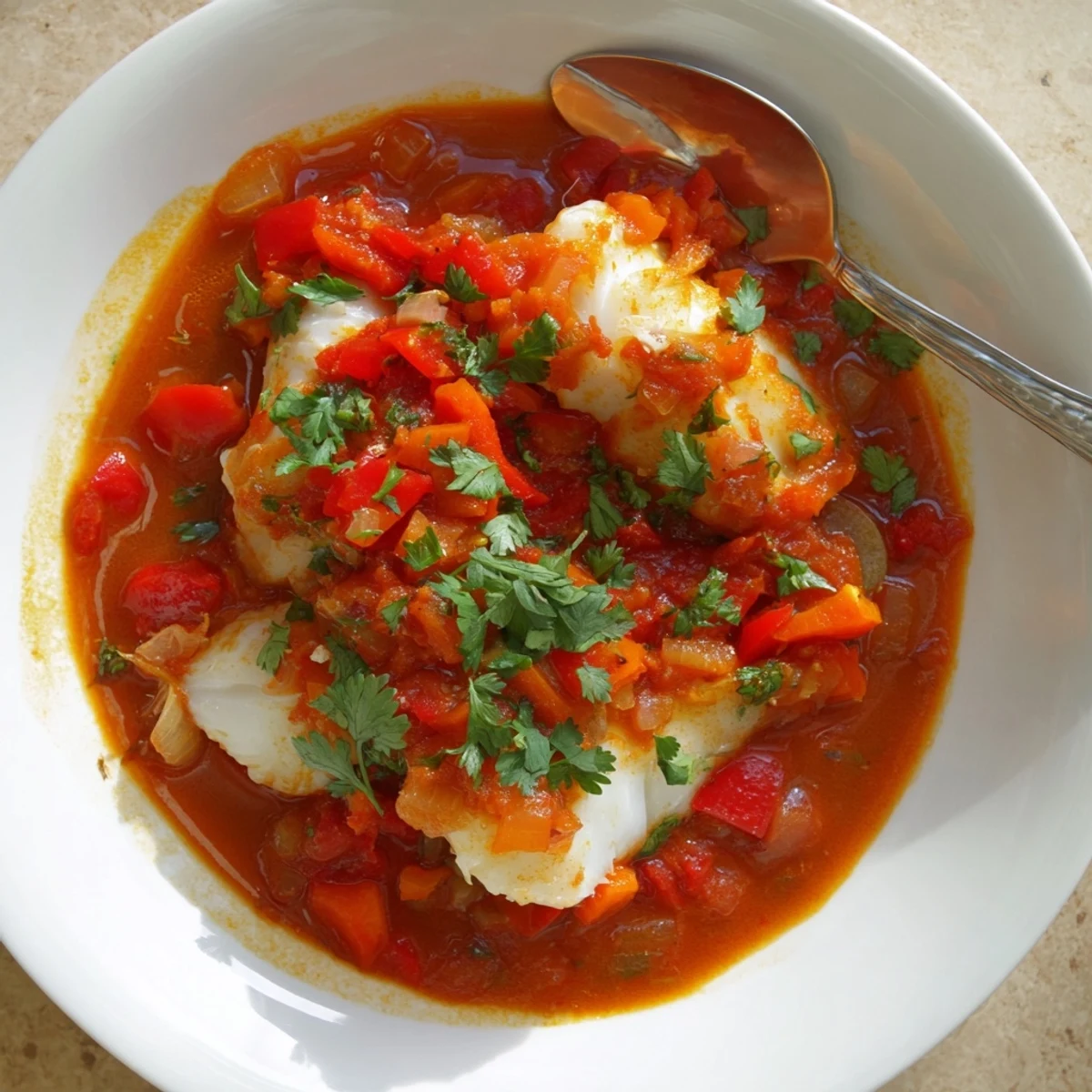 Flaky white fish simmered gently in spiced tomato sauce topped with green cilantro and parsley