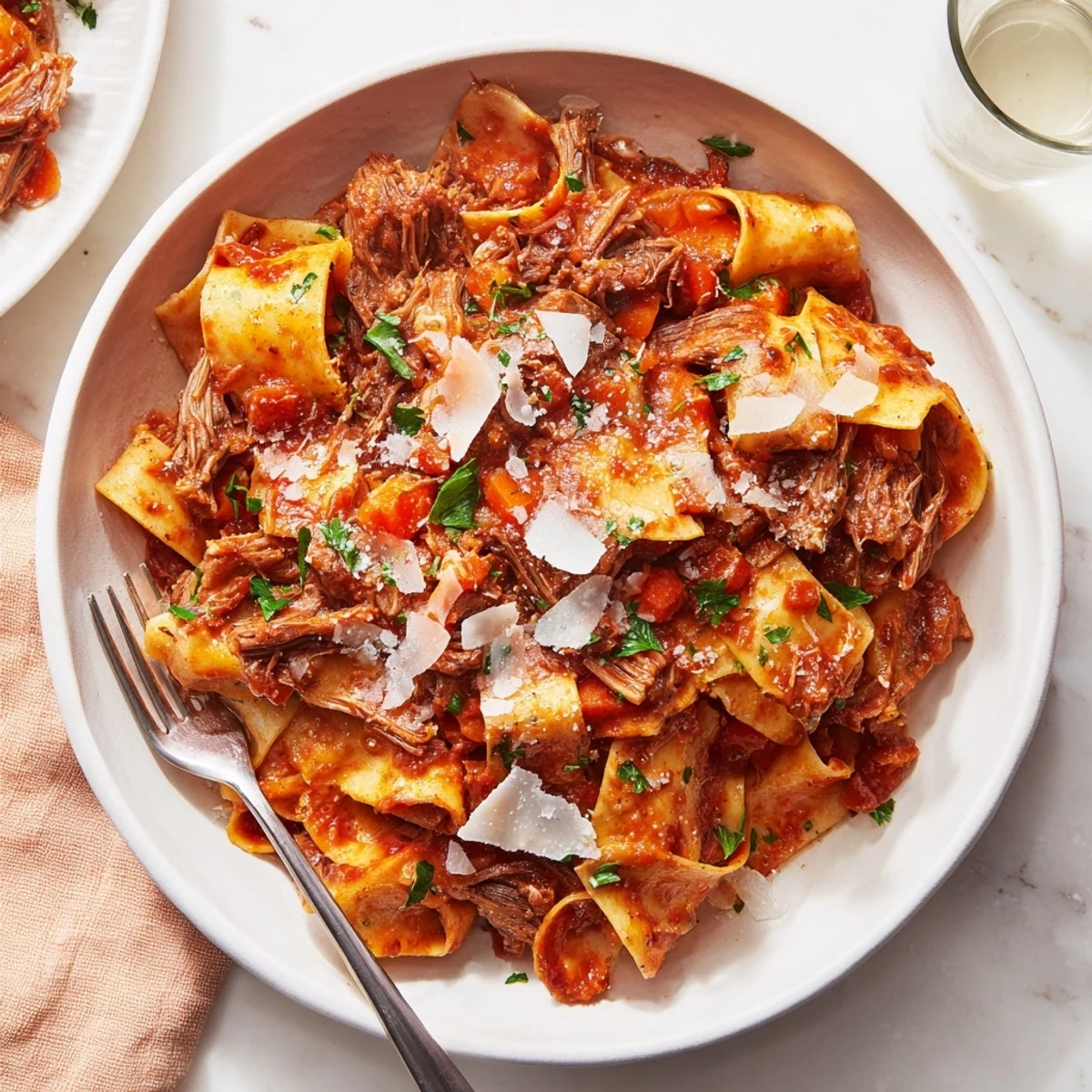 Slow cooked lamb ragu with pappardelle features tender shredded meat in rich tomato sauce coating wide pasta ribbons.