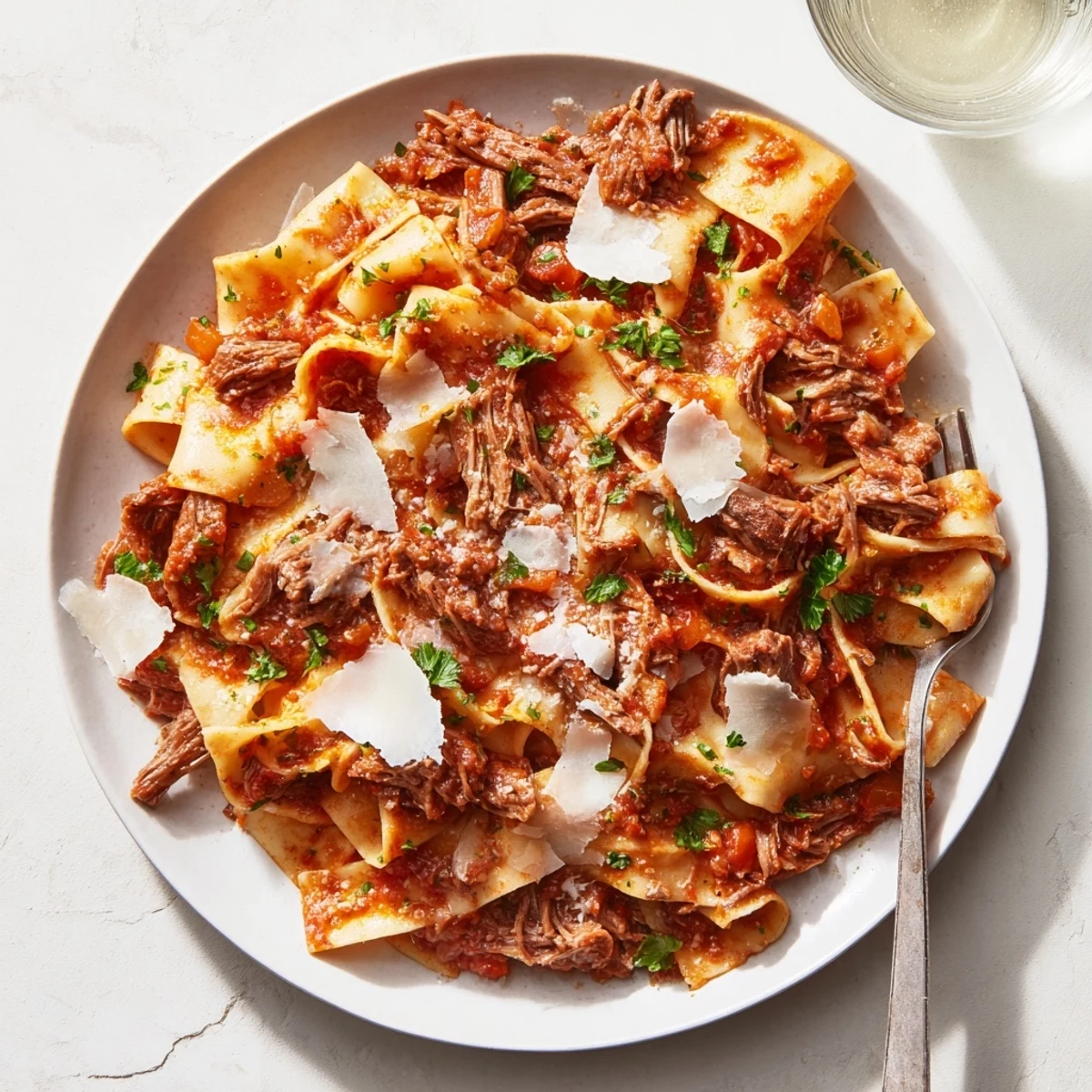 Wide pappardelle pasta topped with slow cooked lamb ragu showcasing fork-tender meat and savory tomato-based sauce.