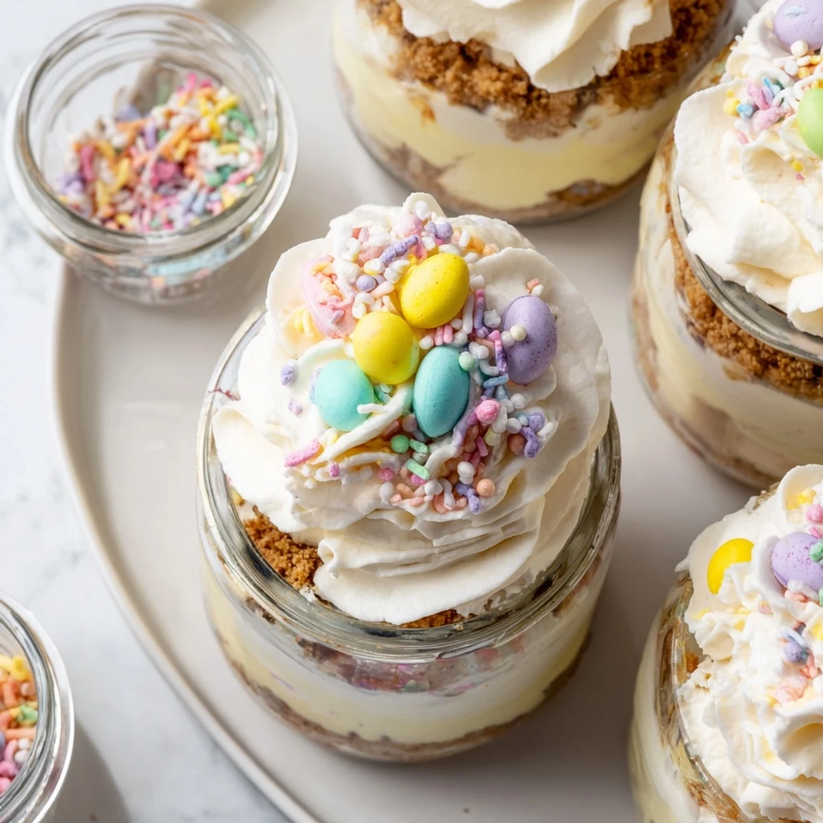 Individual glass jars showcasing creamy no-bake Easter Egg Cheesecake layers with colorful chocolate eggs nestled inside