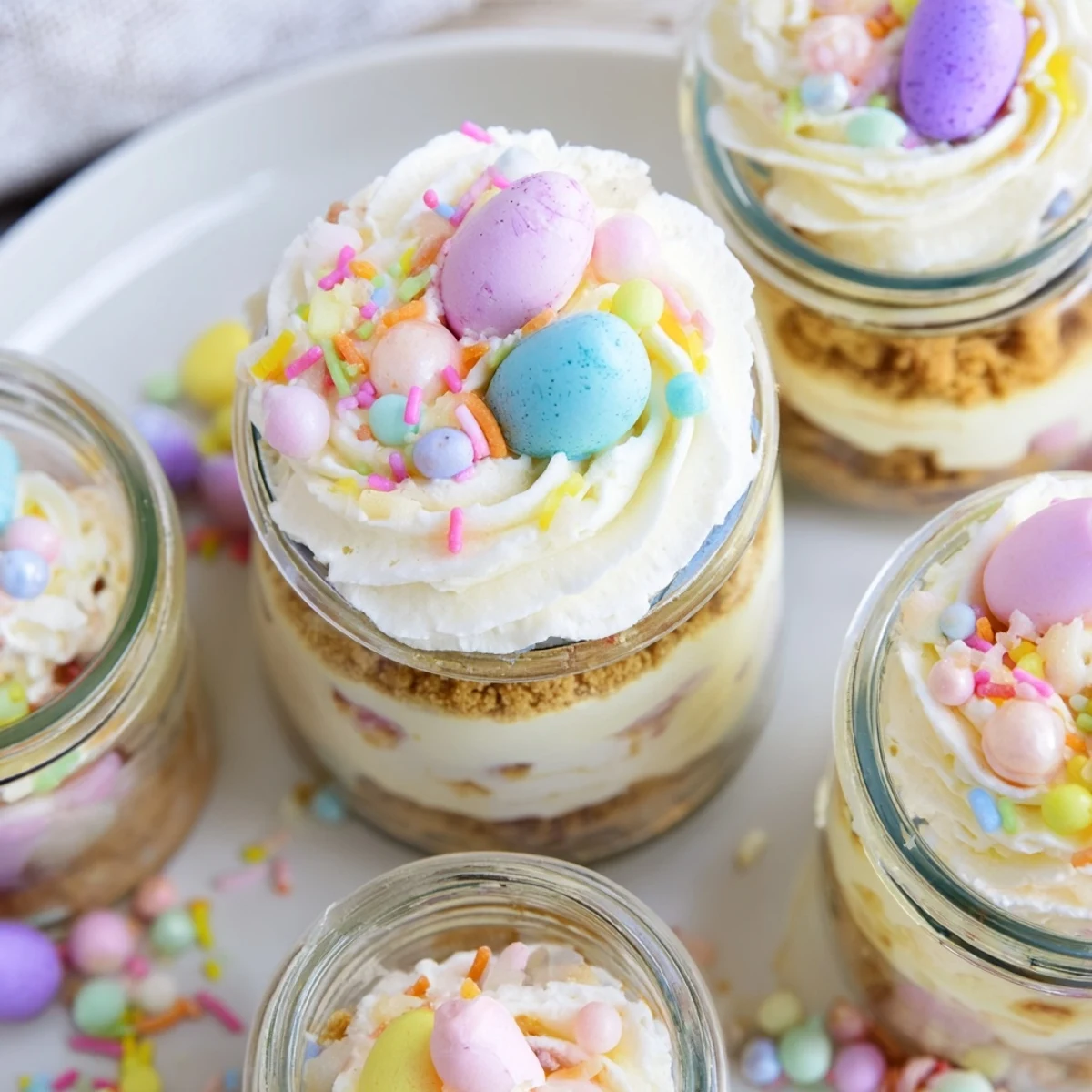 Whipped cream topped Easter Egg Cheesecake Jars revealing pastel candy eggs between smooth cream cheese layers