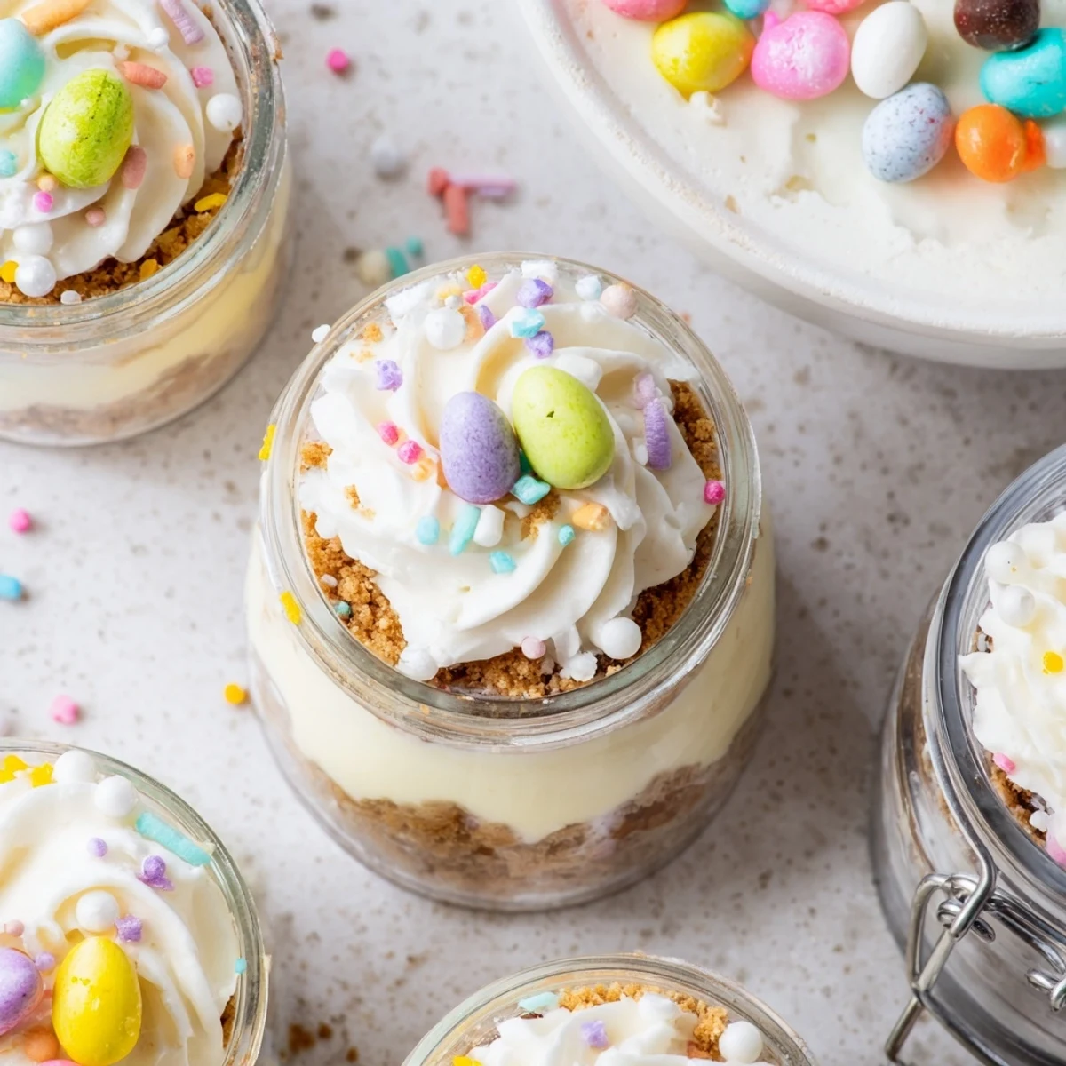 Festive Easter dessert featuring white cheesecake filling, cookie crust, and hidden mini eggs stacked in clear mason jars