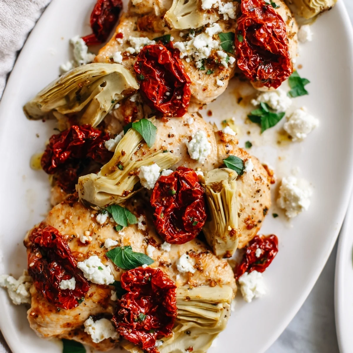 Golden brown Broiled Artichoke Chicken With Feta topped with melted white cheese and quartered artichokes on a baking sheet