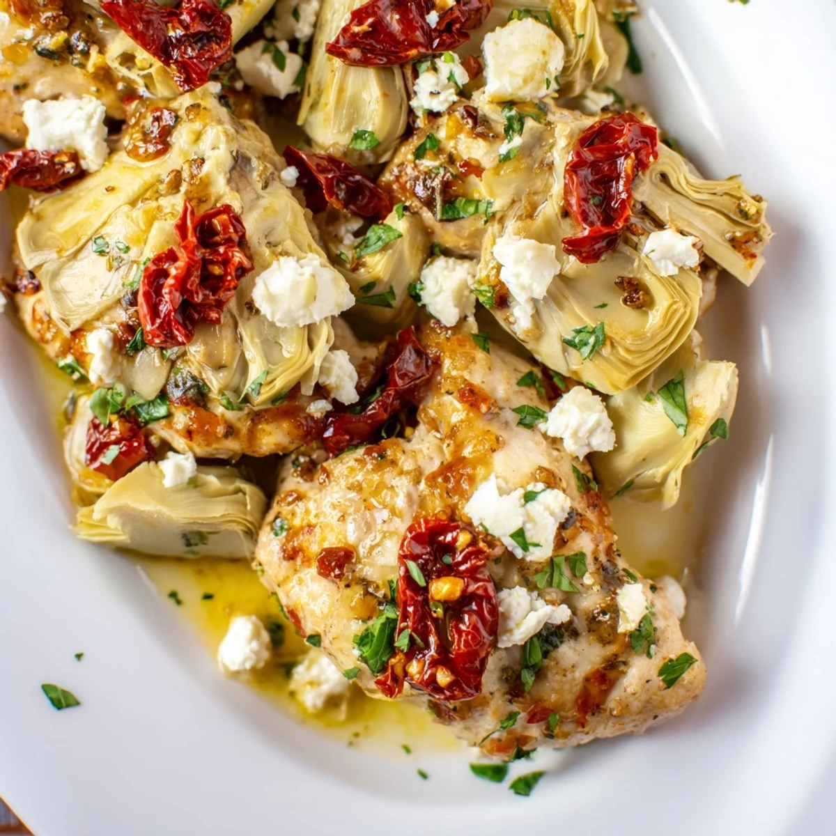 Mediterranean-style Broiled Artichoke Chicken With Feta featuring sun-dried tomatoes and fresh green parsley garnish on a foil-lined pan