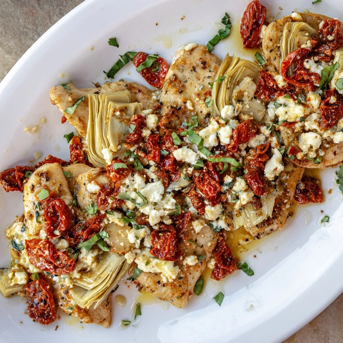 Tender chicken breast in Broiled Artichoke Chicken With Feta dish bubbling under the broiler with tangy feta crumbles