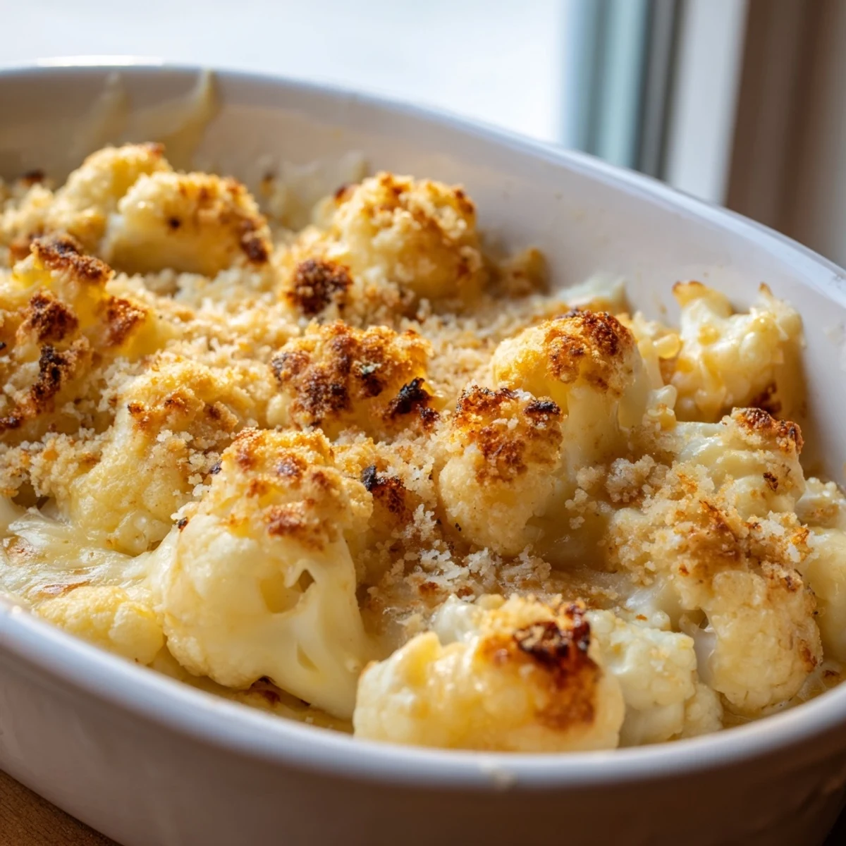 Creamy cauliflower casserole featuring tender florets smothered in rich cheese sauce under a golden crust