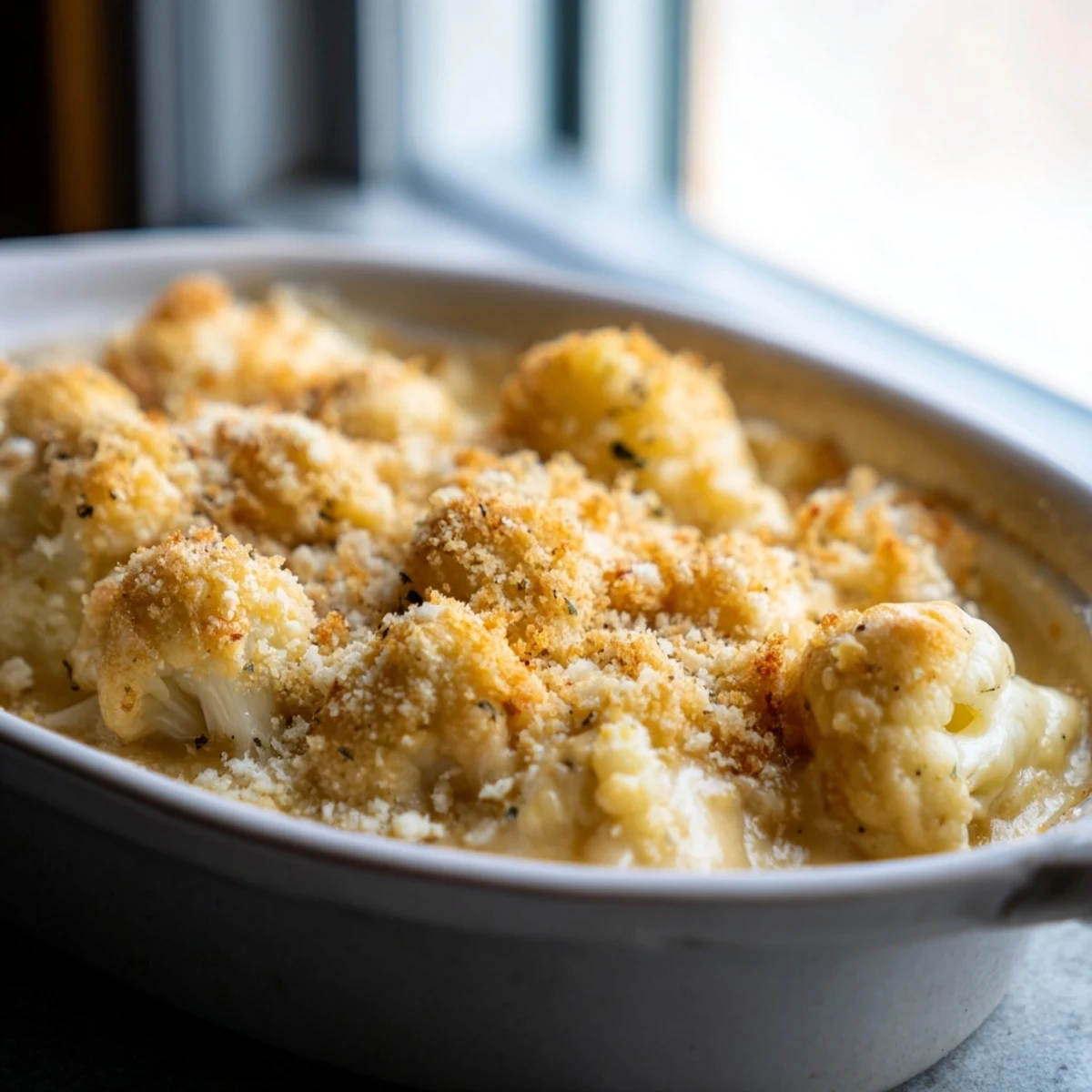 Golden baked cauliflower casserole with bubbling cheddar sauce and crispy panko breadcrumb topping