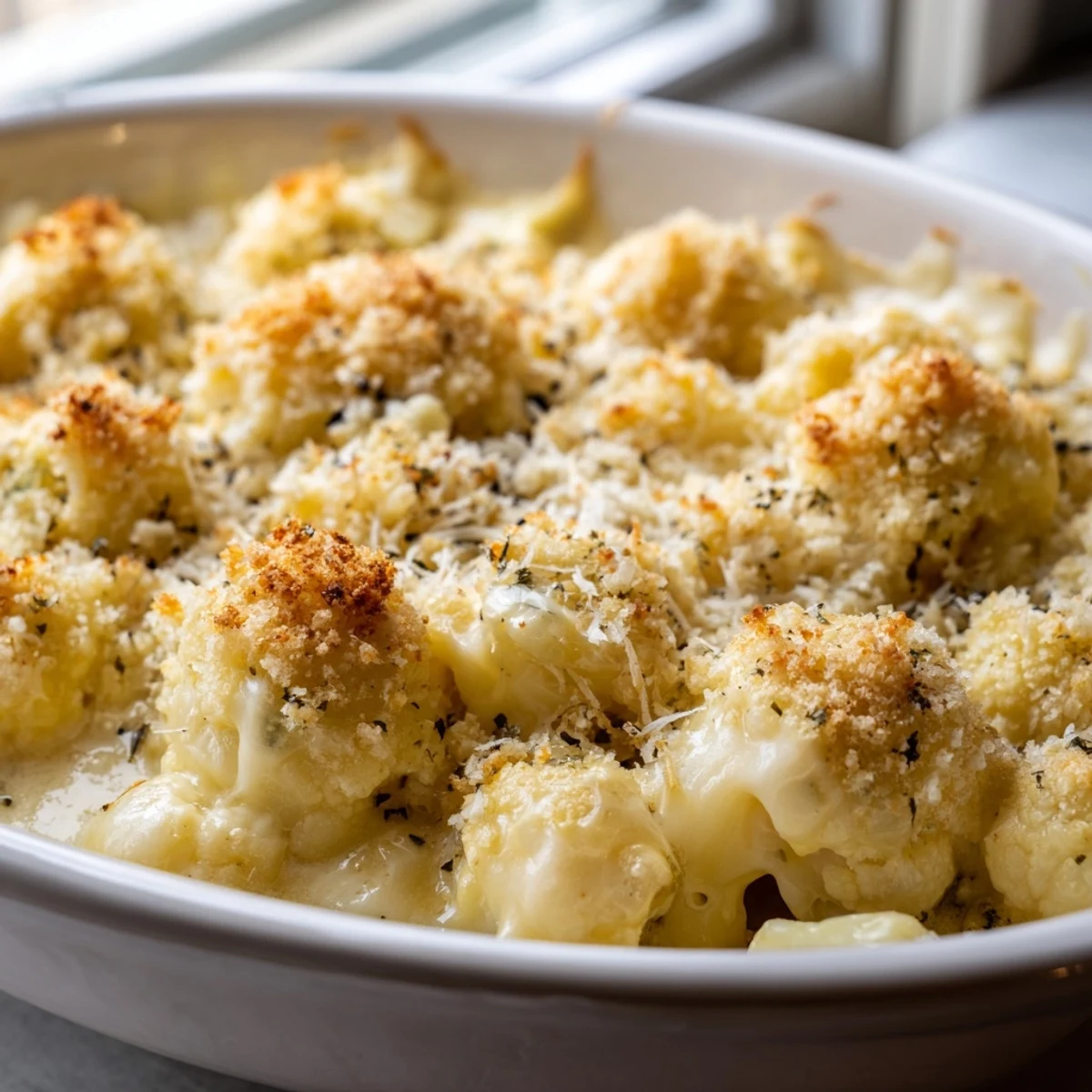 Homemade cauliflower casserole fresh from the oven with melted cheese and buttery crunchy topping