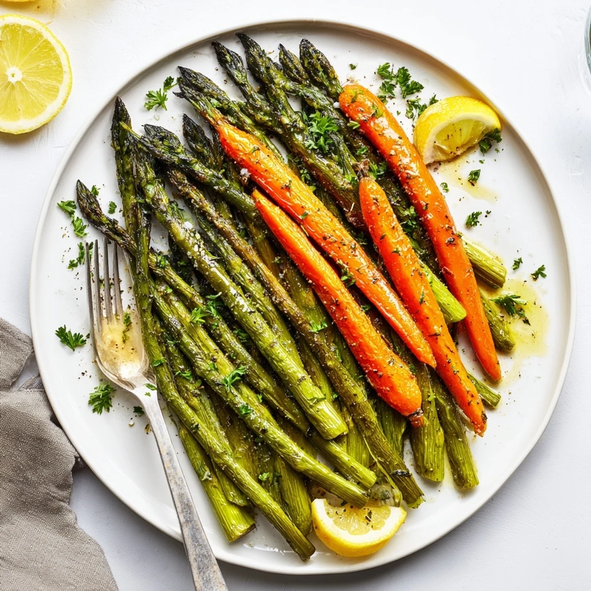 Colorful roasted asparagus and carrots arranged on a white serving platter