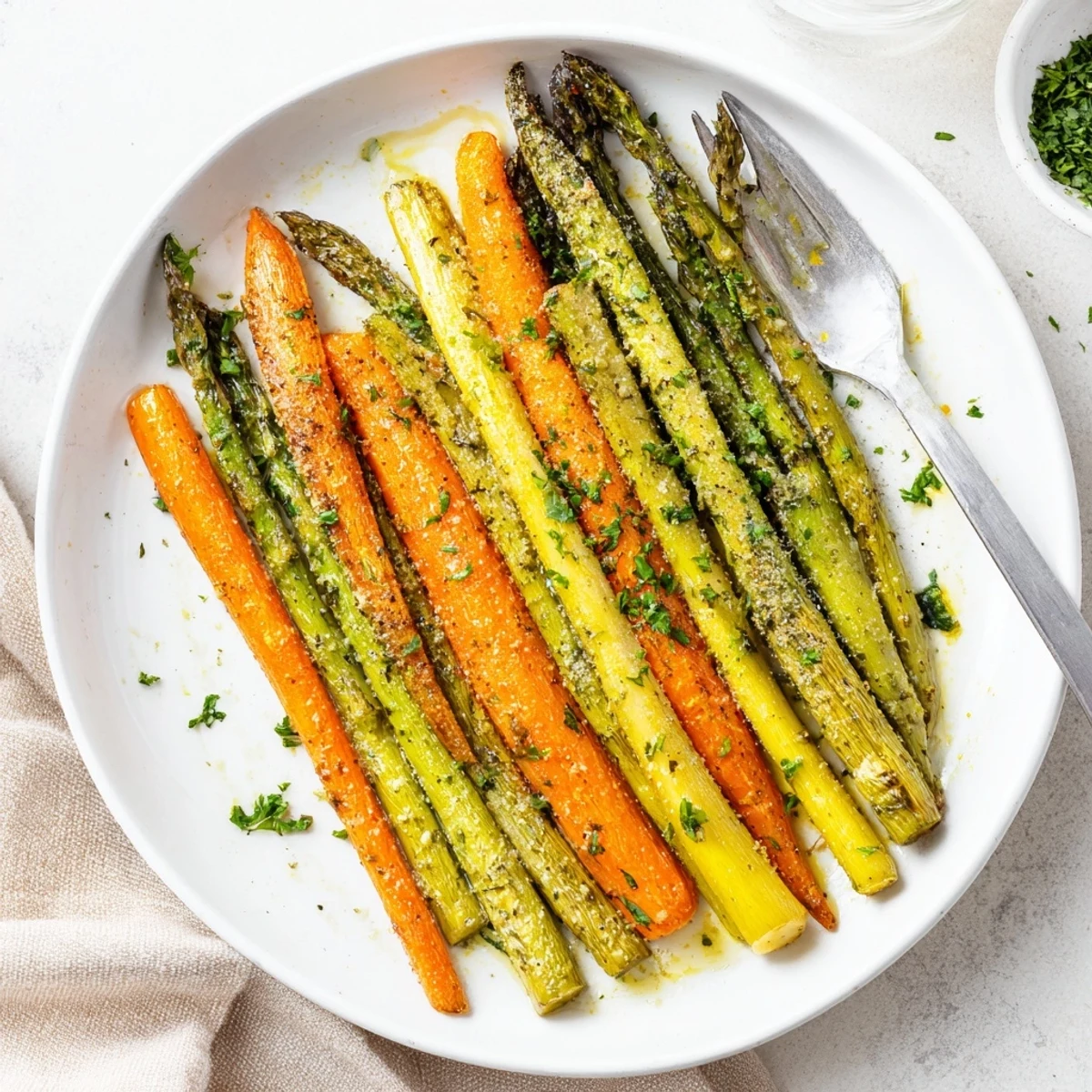 Tender roasted asparagus and sweet carrot sticks seasoned with olive oil and thyme