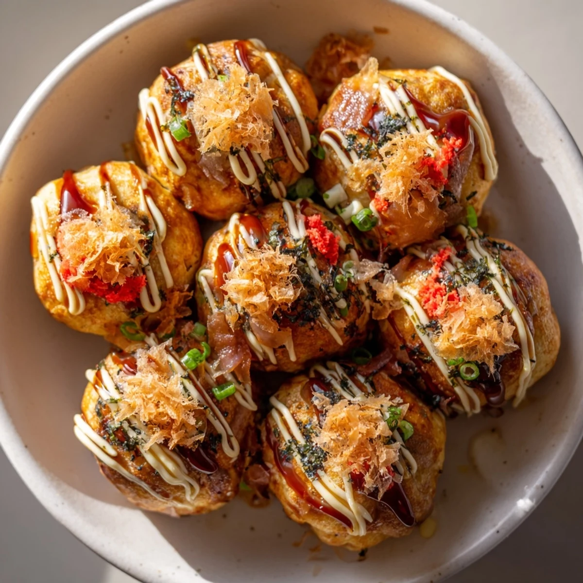 Crispy Japanese Takoyaki appetizers filled with tender octopus pieces and served piping hot