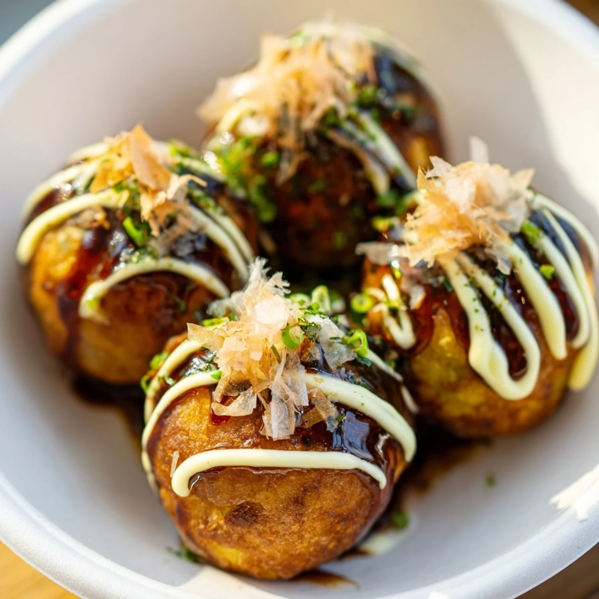 Homemade Takoyaki sprinkled with dried seaweed and mayonnaise on a serving platter