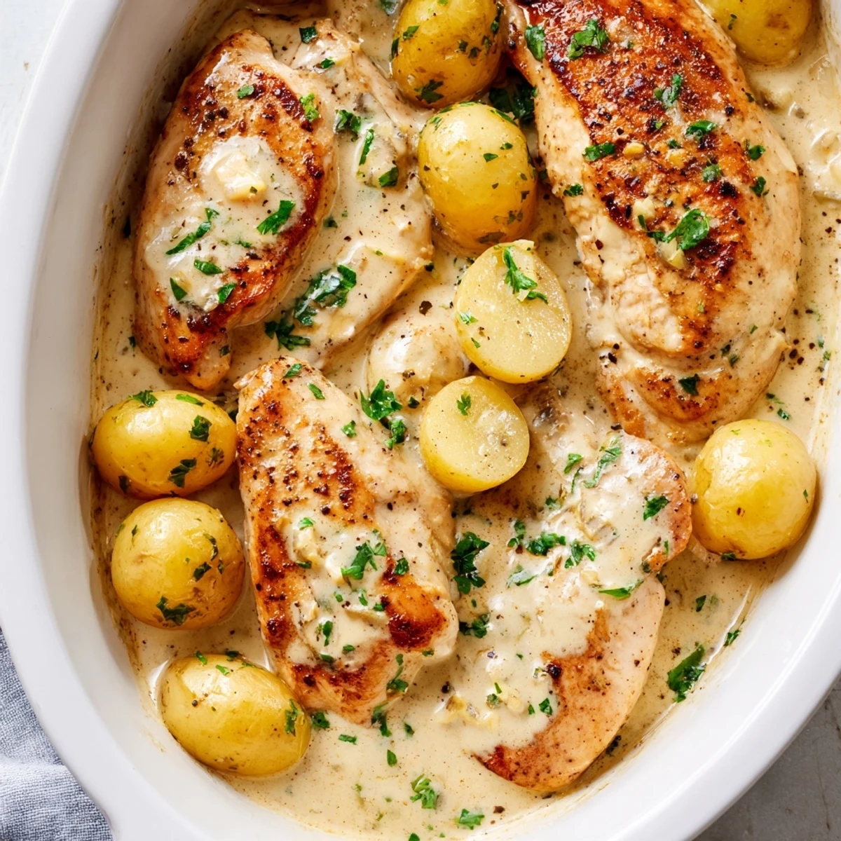 Golden chicken and baby potatoes nestled in rich garlic Parmesan cream sauce