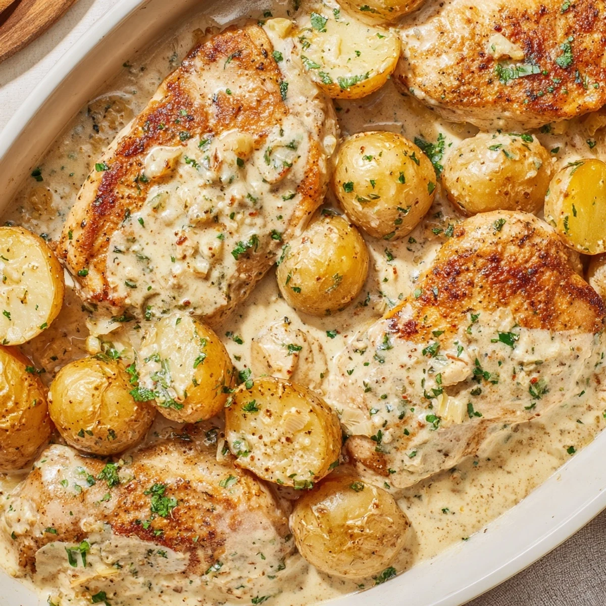 Tender baked chicken thighs with potatoes in a creamy white Parmesan garlic sauce