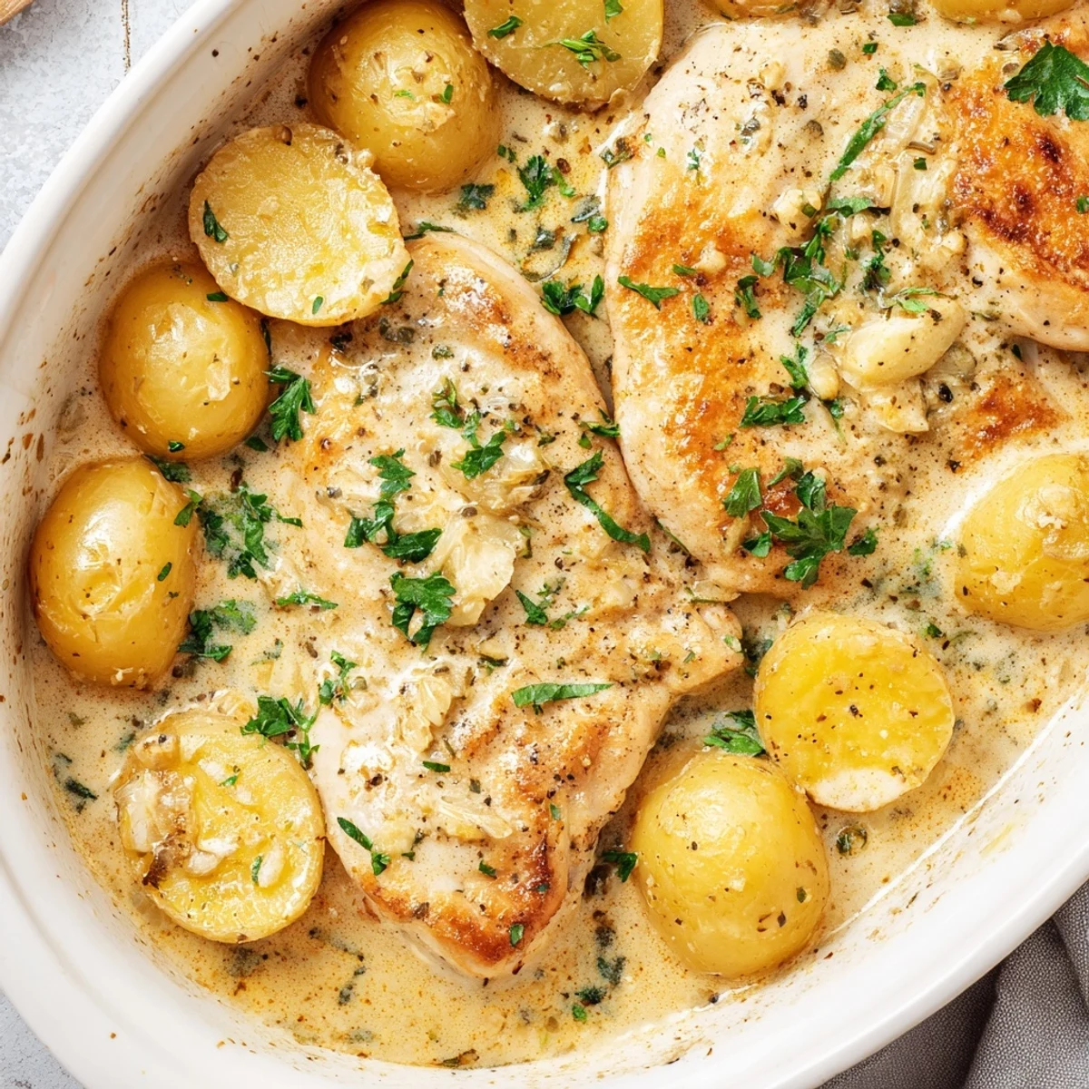 One pan chicken and potatoes swimming in a thick Parmesan garlic cream sauce