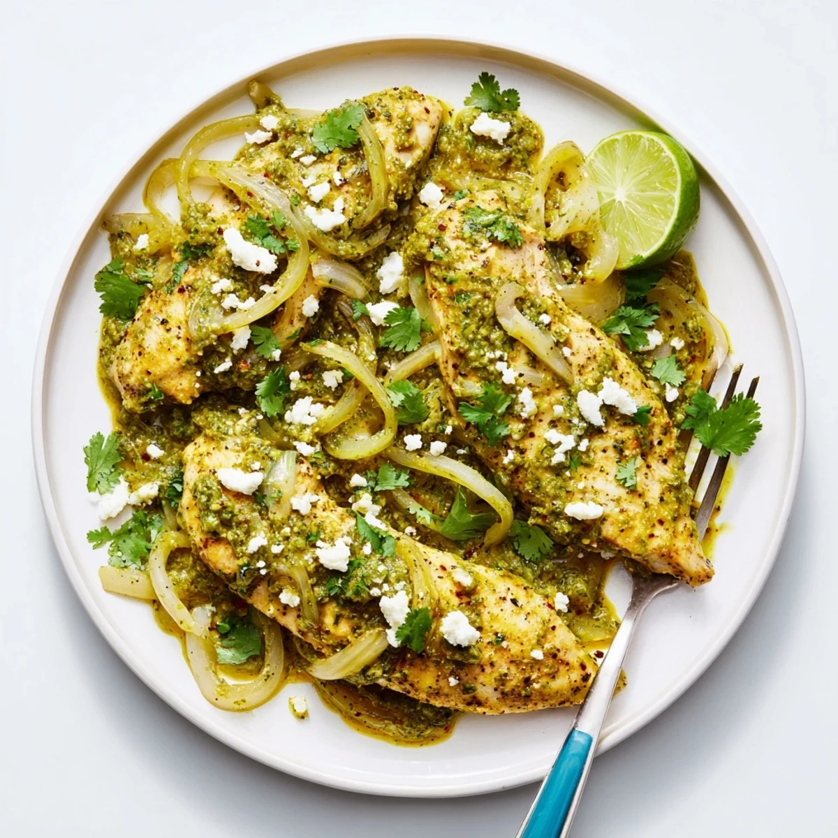 Golden seared chicken breasts nestled in vibrant green salsa verde sauce with fresh cilantro garnish on a white serving plate