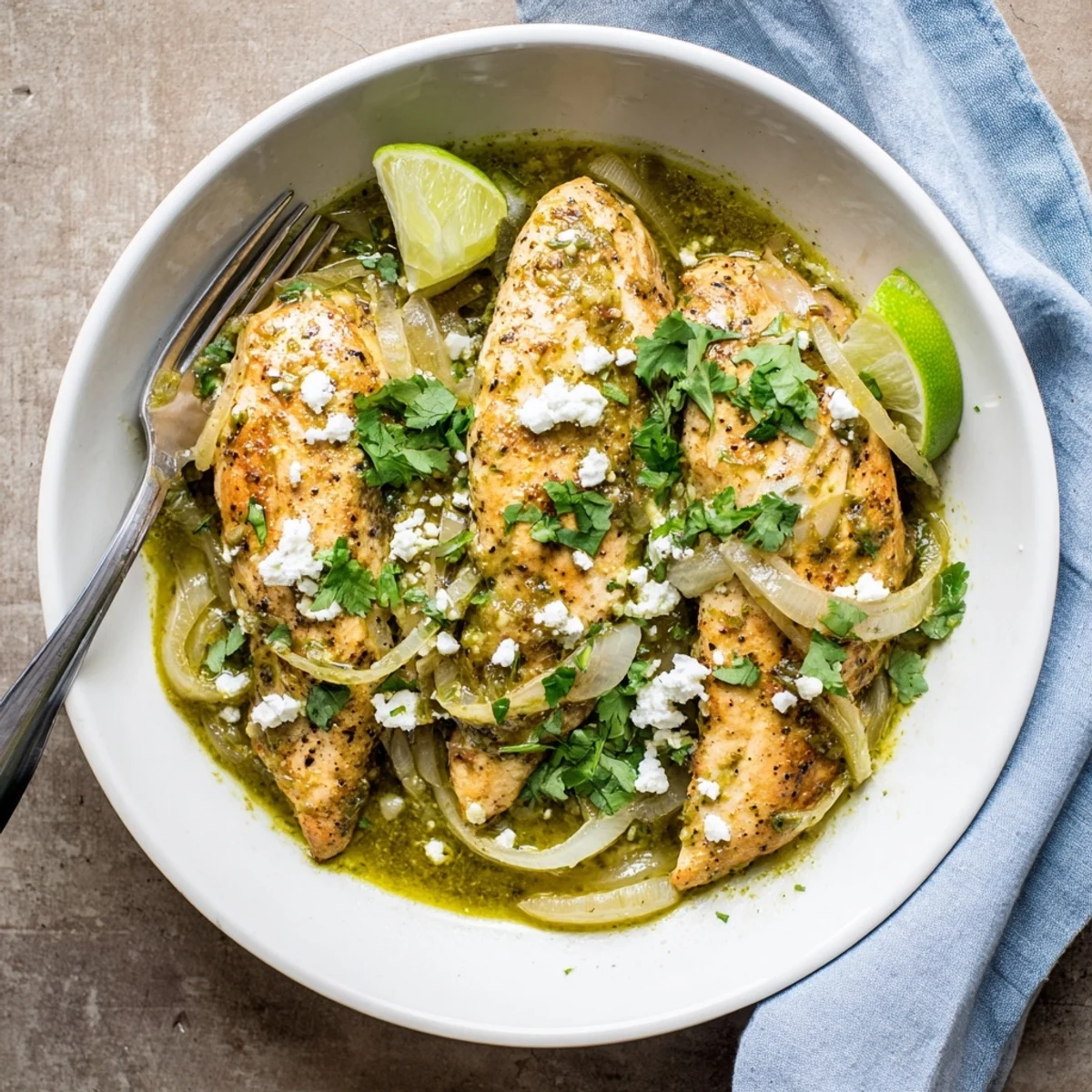 Salsa verde chicken in a cast iron skillet bubbling with tangy green sauce and sliced onions surrounded by fresh ingredients