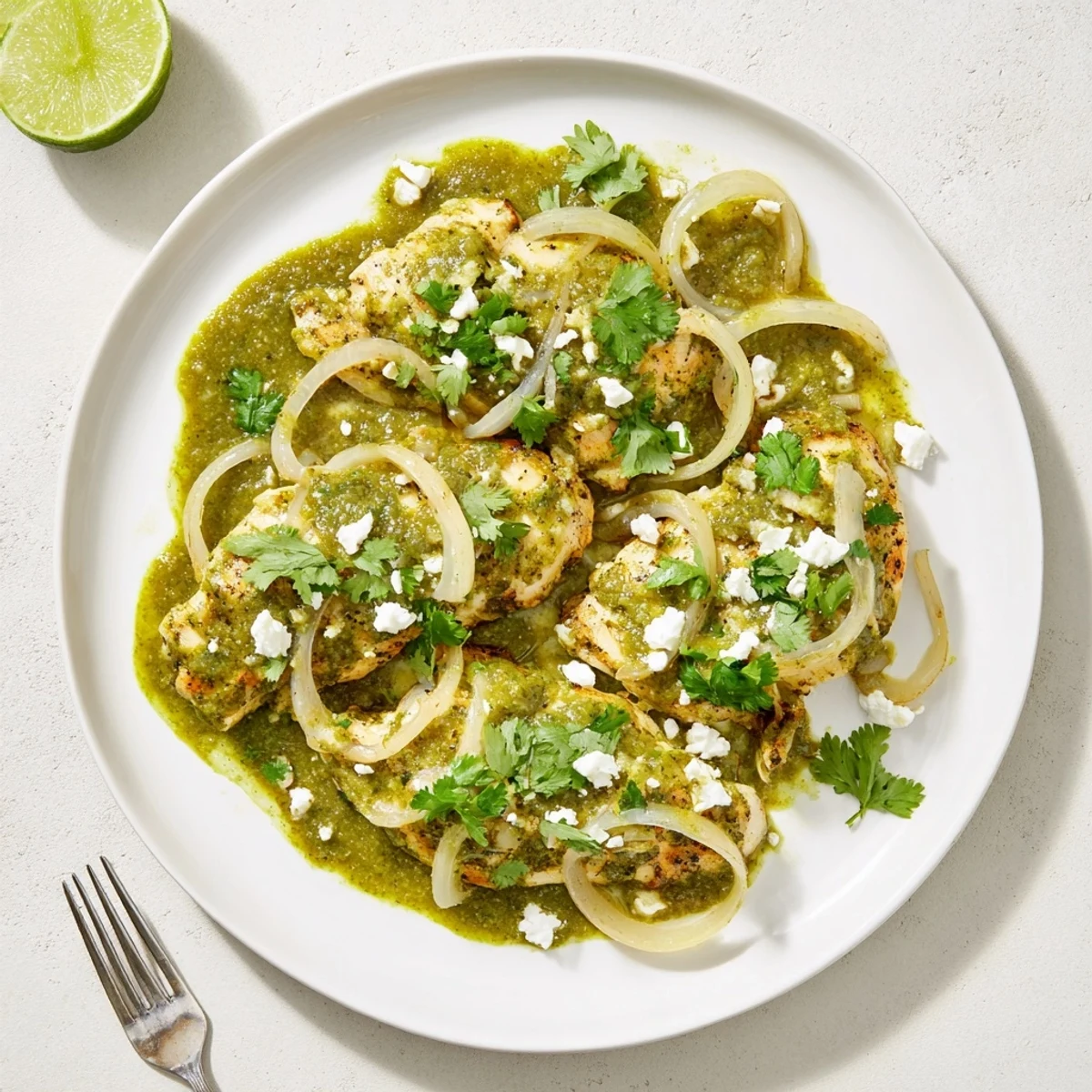 Tender chicken simmering in zesty tomatillo salsa verde topped with crumbled queso fresco and lime wedges for a Mexican-inspired dinner