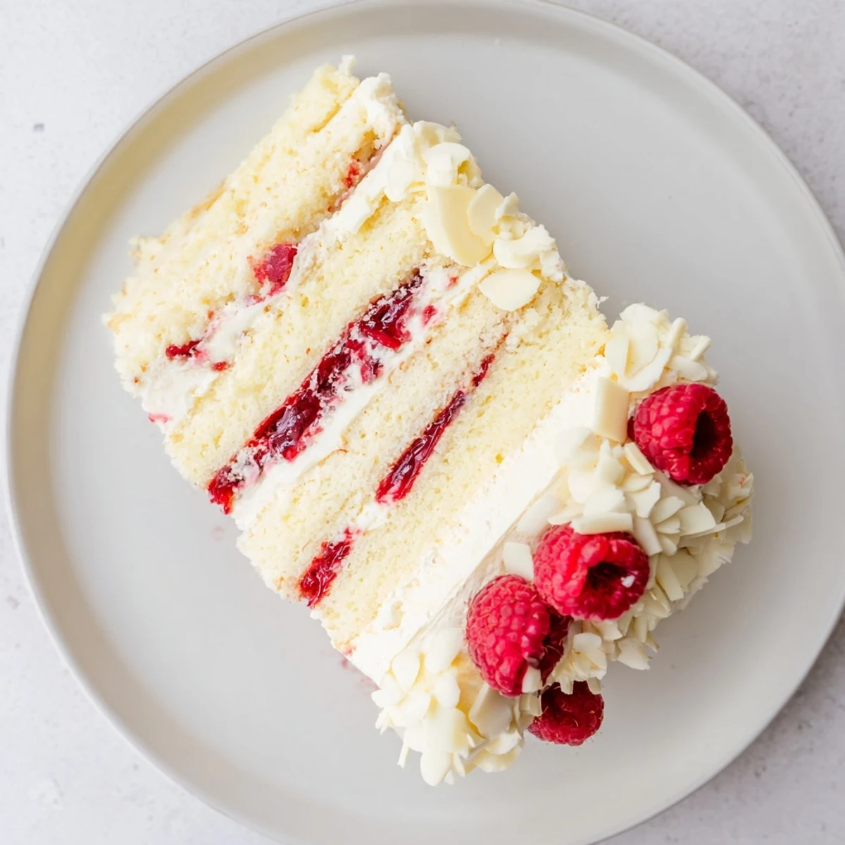 Elegant white chocolate raspberry cream cake with fresh berries and fluffy whipped cream topping