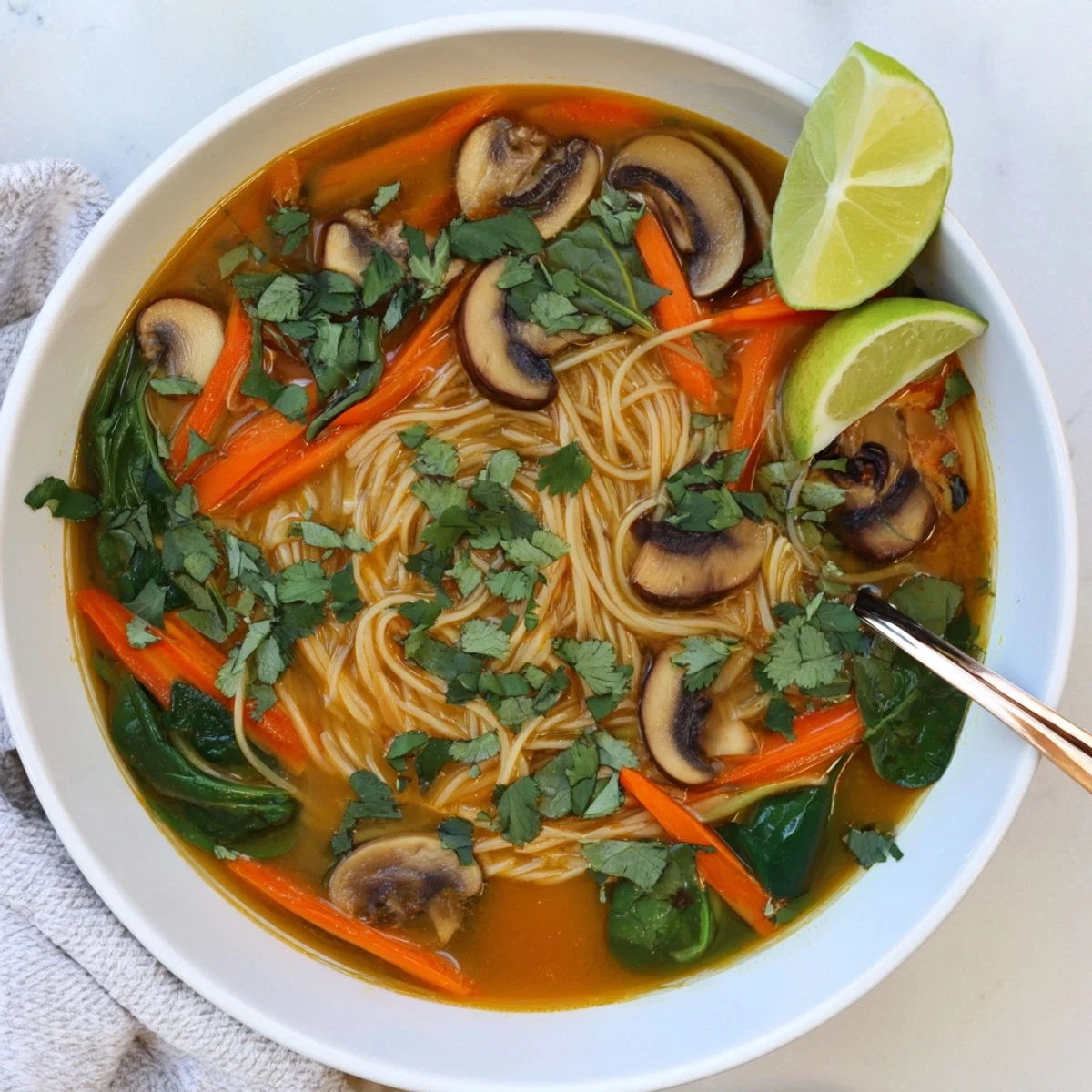 Steaming bowl of healing ginger garlic broth with rice noodles, fresh cilantro, and lime wedge