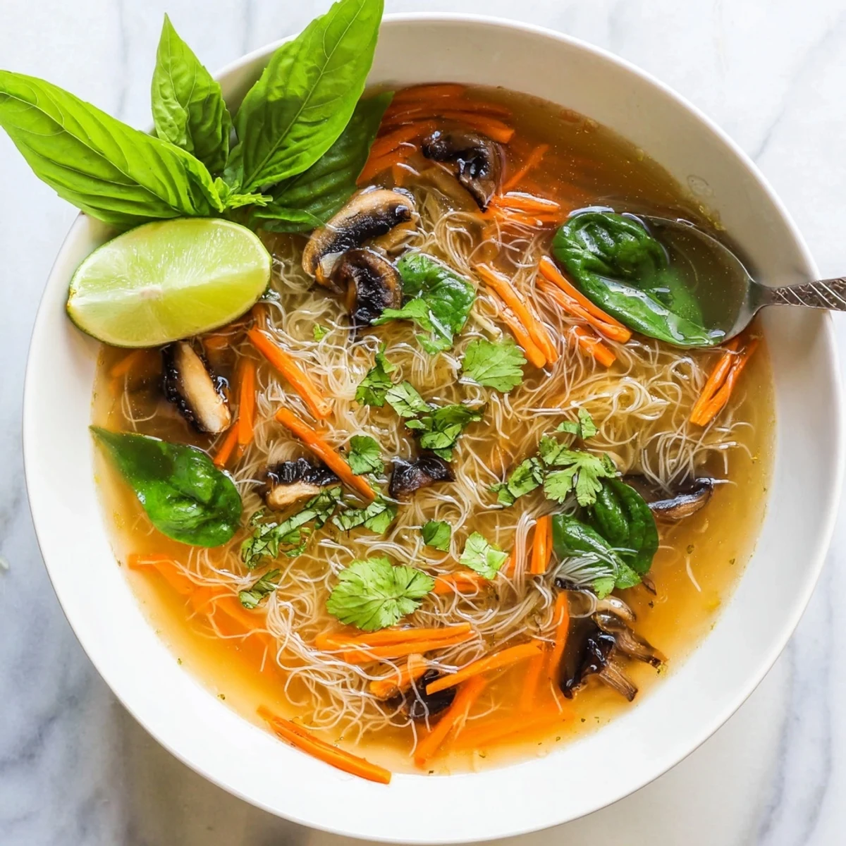 Comforting Asian-inspired soup featuring tender rice noodles in aromatic ginger garlic broth with vibrant green spinach
