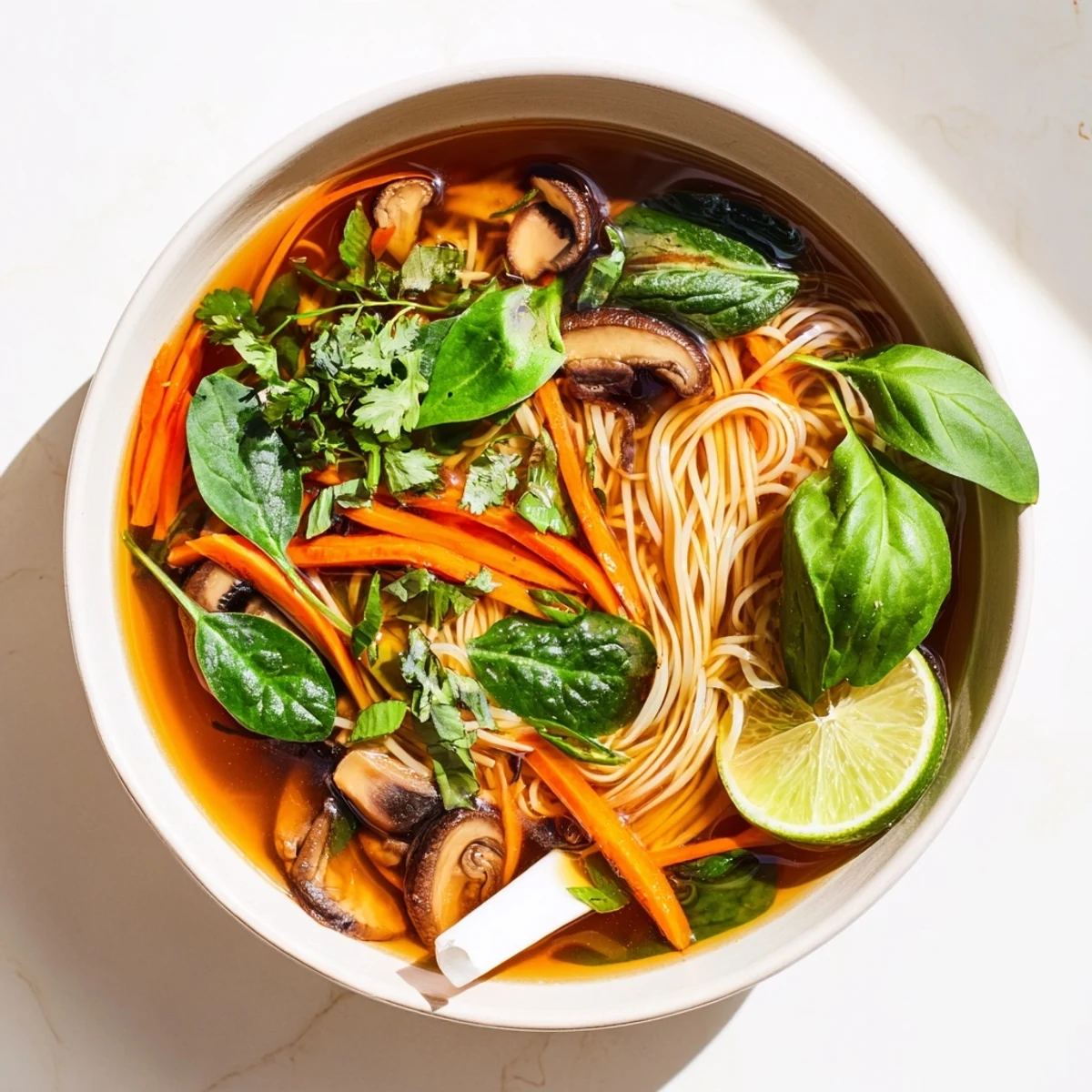 Golden vegan broth with sliced shiitake mushrooms, rice noodles, and fragrant herbs in white ceramic bowl