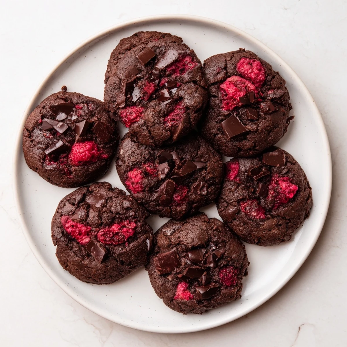 Golden brown dark chocolate raspberry cookies fresh from the oven with melted chocolate chunks