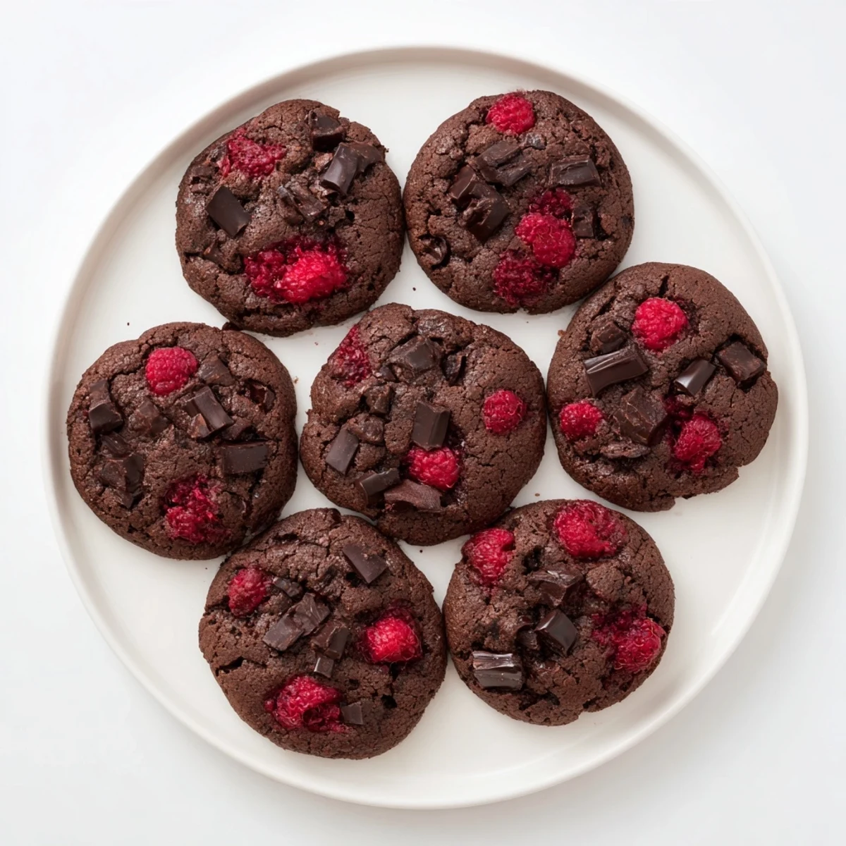 Chewy homemade dark chocolate raspberry cookies stacked on a white wire cooling rack