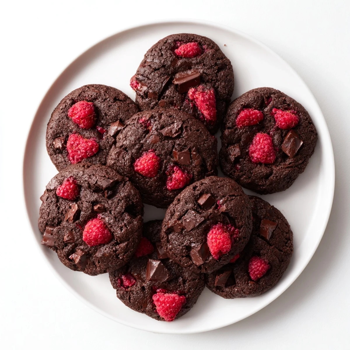 Plate of rich dark chocolate raspberry cookies topped with fresh raspberries and powdered sugar