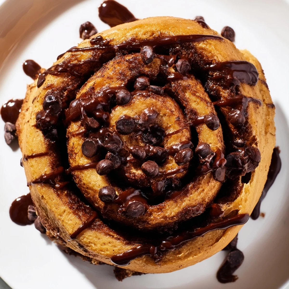 Freshly baked double chocolate cinnamon rolls drizzled with rich chocolate glaze on a white plate