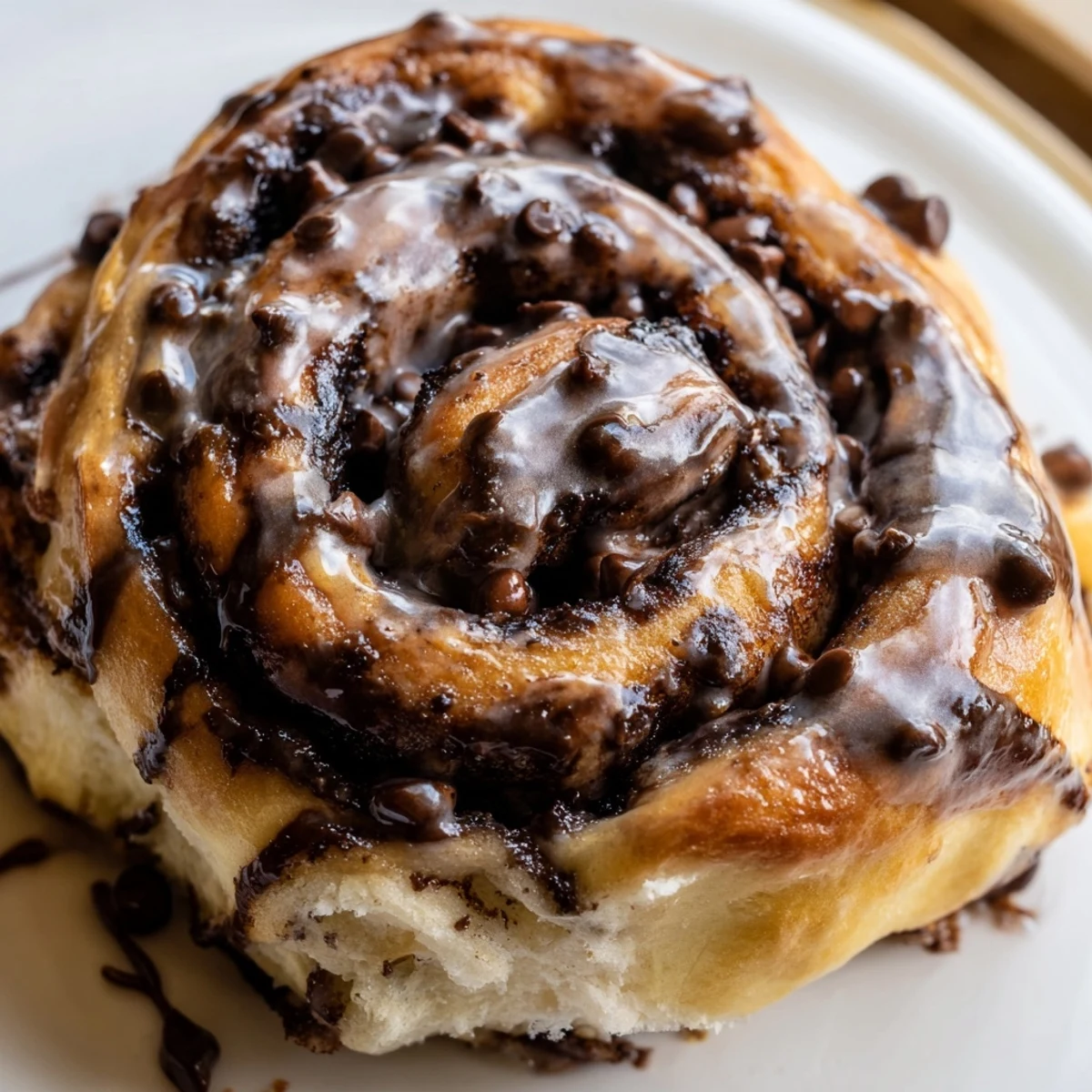 Warm double chocolate cinnamon rolls with cocoa-dough spirals and glossy chocolate frosting for breakfast