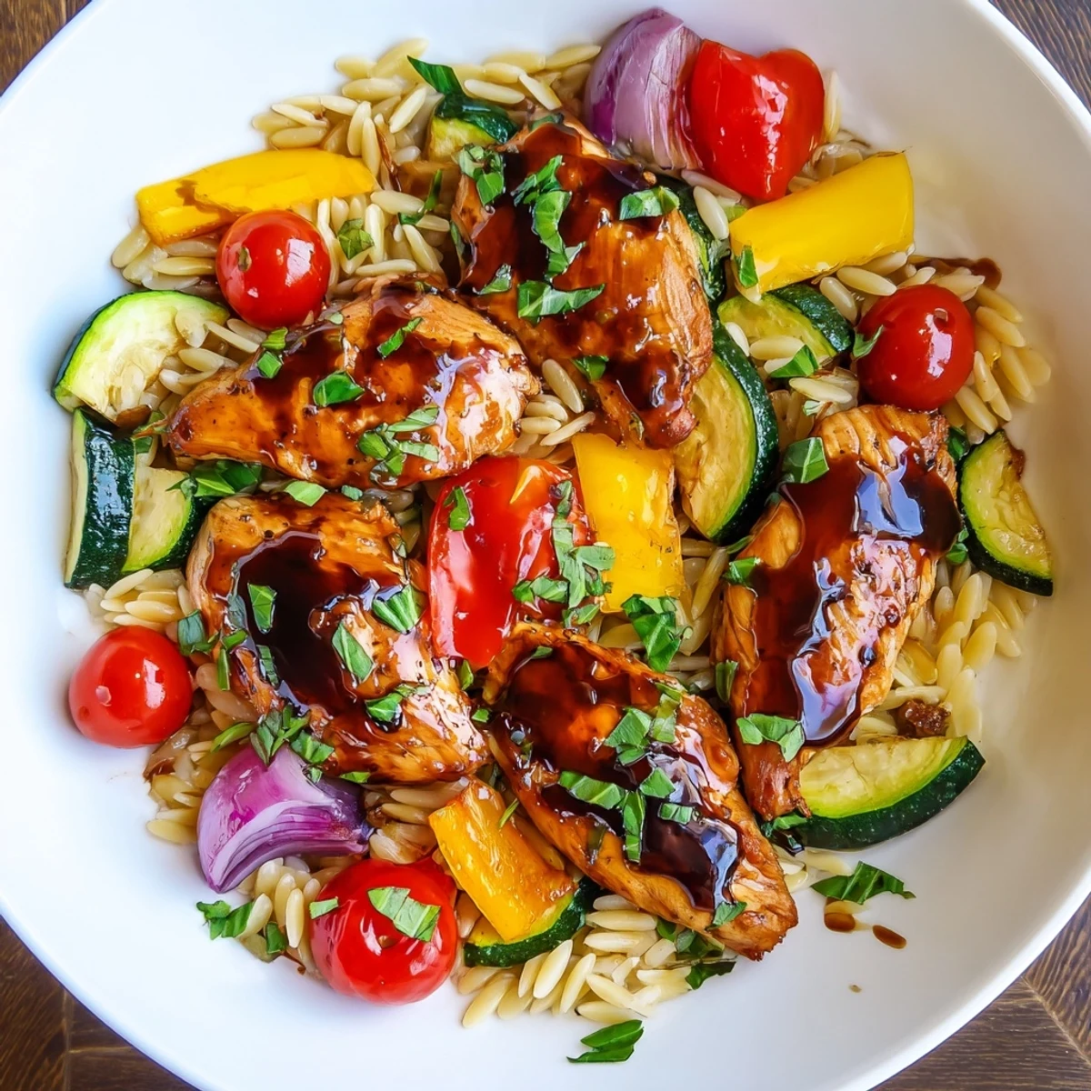 Golden balsamic chicken breast slices atop colorful roasted vegetable orzo pasta with fresh herbs