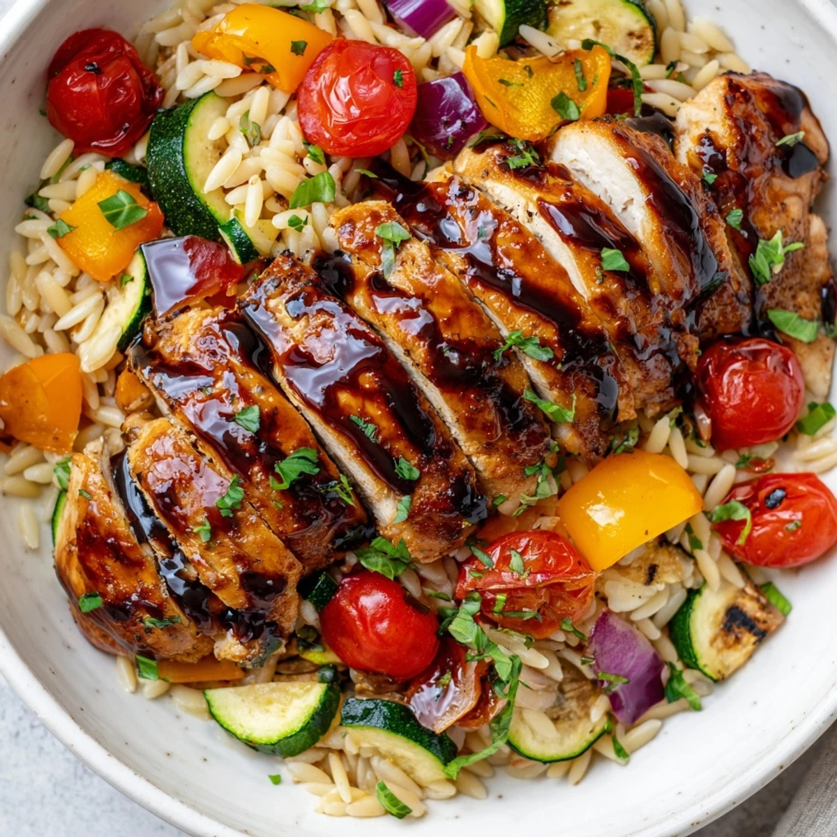 Wholesome balsamic chicken veggie orzo plated with roasted bell peppers zucchini and herbs