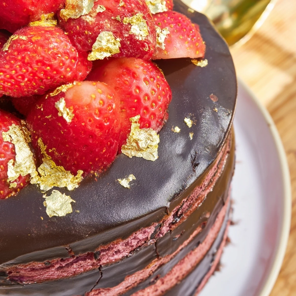Decadent Strawberry Chocolate Shell Cake sliced to reveal fluffy vanilla sponge and bright red strawberry filling