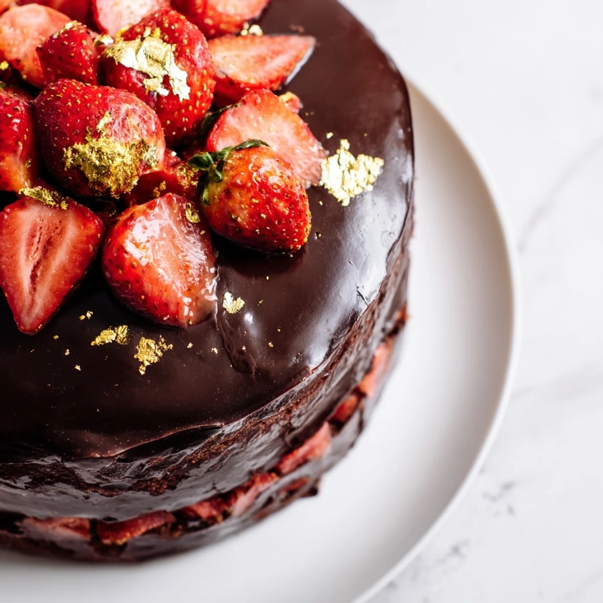 Strawberry Chocolate Shell Cake featuring glossy dark chocolate dripping down whipped cream covered layers