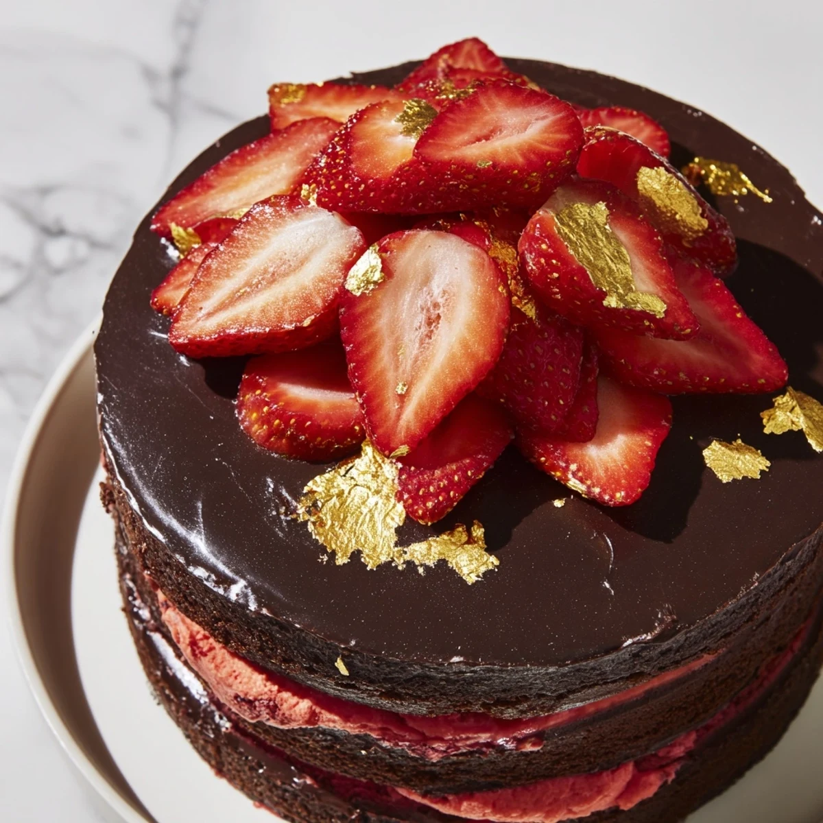 Elegant Strawberry Chocolate Shell Cake topped with fresh halved strawberries on a cracked mirror-like chocolate glaze