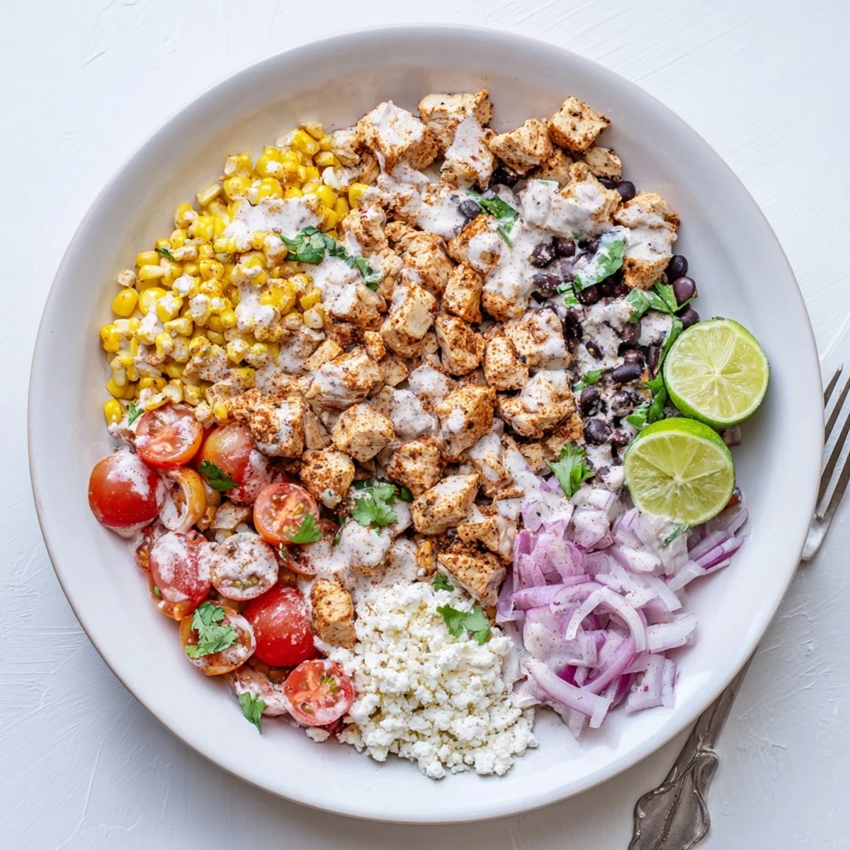 Fresh chicken street corn salad featuring charred corn kernels, black beans, and tangy lime yogurt sauce in a white bowl