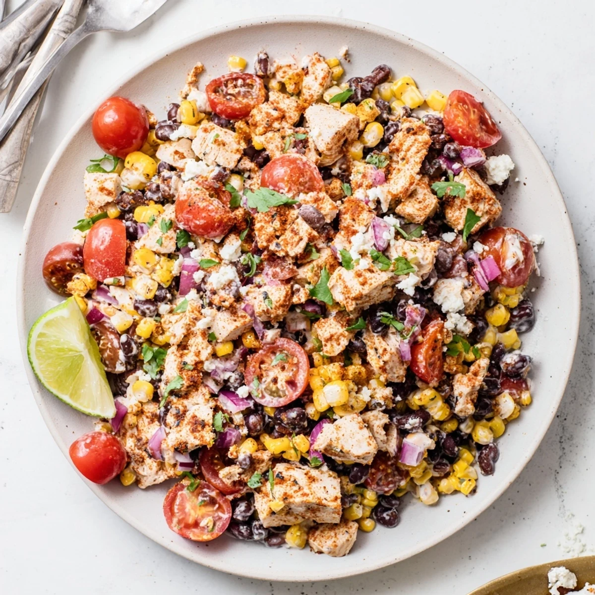 Colorful high protein chicken street corn salad bowl with grilled chicken, sweet corn, and creamy Greek yogurt dressing