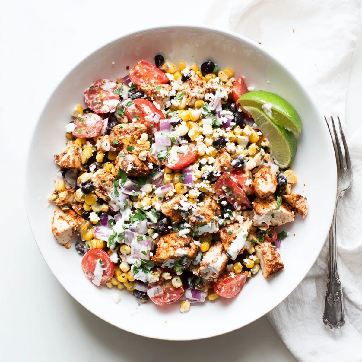 Heaping bowl of high protein chicken street corn salad topped with crumbled cotija cheese, diced tomatoes, and crisp cilantro