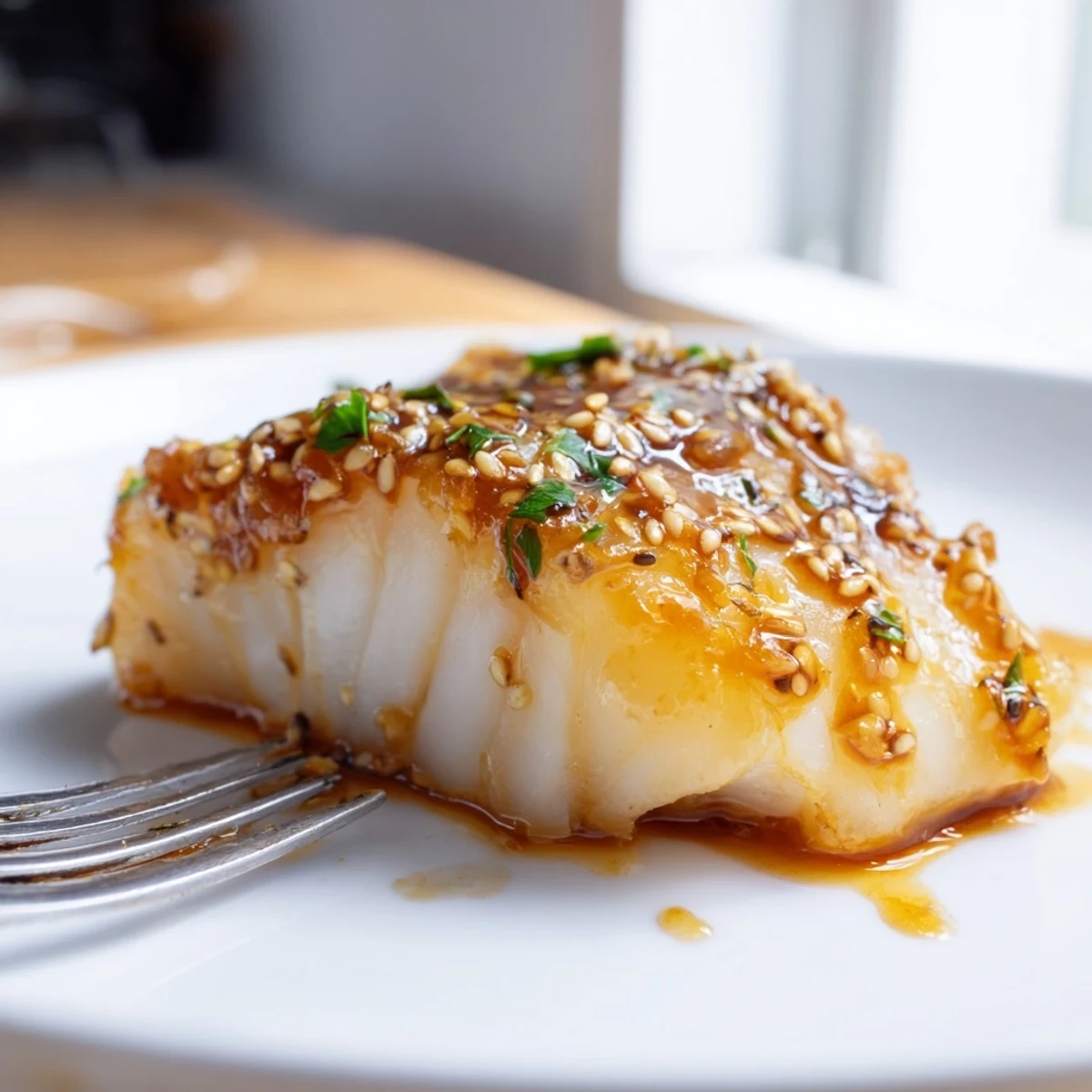 Tender honey soy baked cod garnished with fresh parsley and sesame seeds