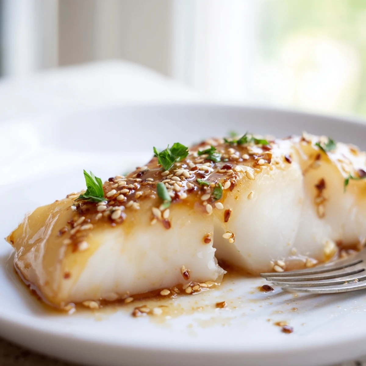Golden baked cod fillets glazed with honey soy marinade on white plate