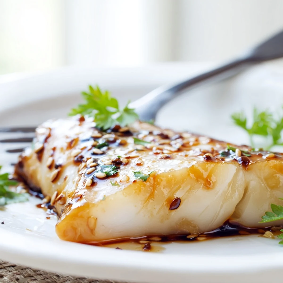 Flaky baked cod with sweet honey soy glaze served with lemon wedges