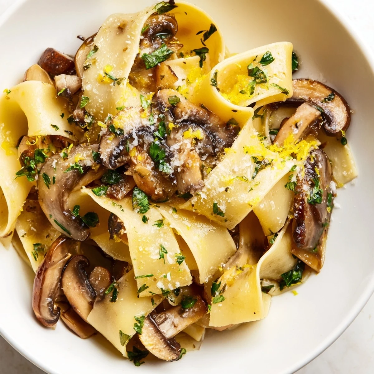 Golden brown garlic butter mushrooms coat wide pappardelle pasta ribbons in a creamy sauce