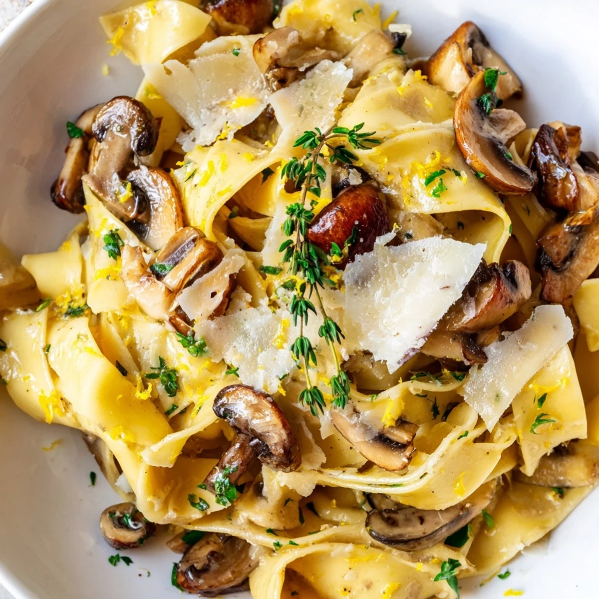 Creamy garlic butter mushroom pappardelle topped with fresh Parmesan and bright green parsley garnish