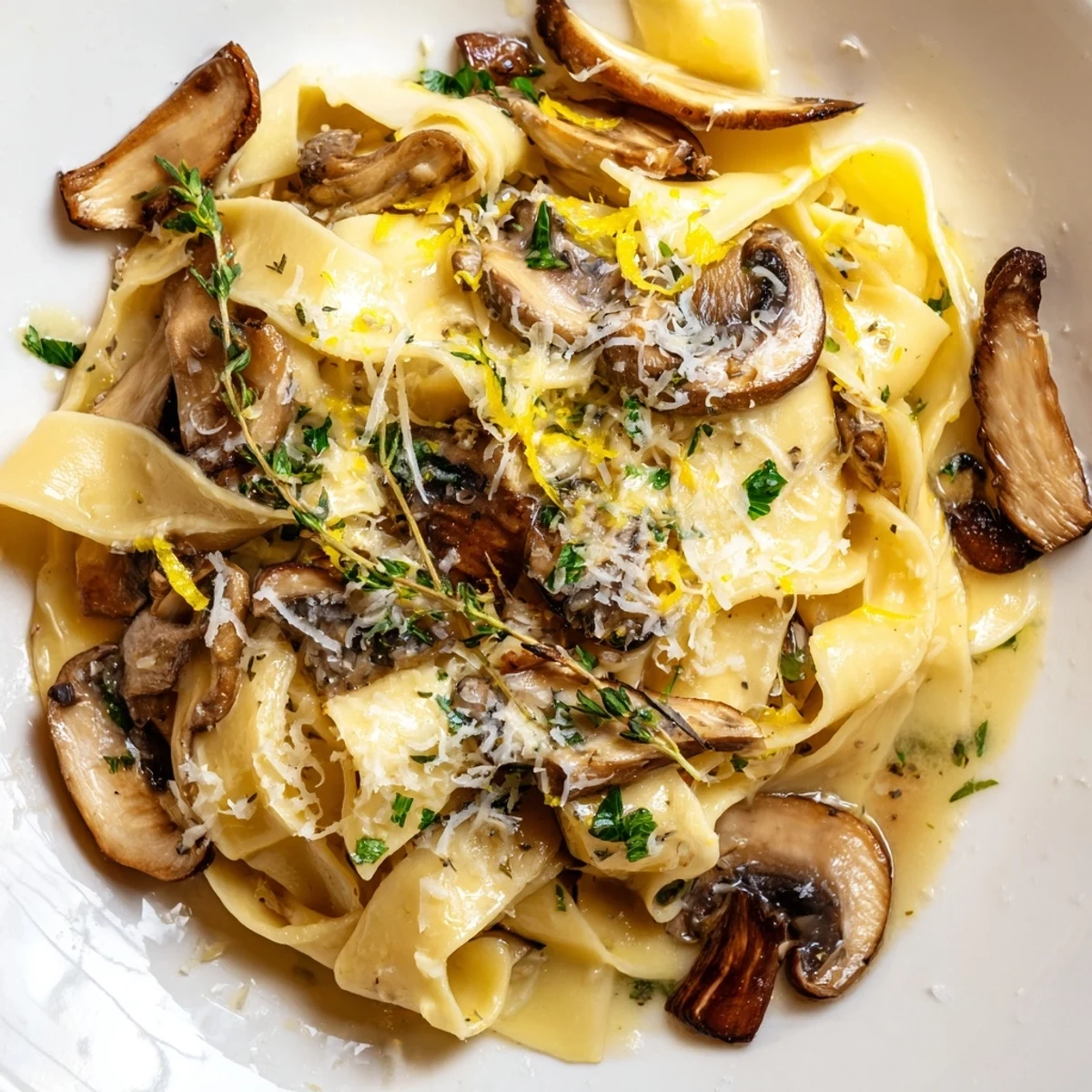 Wide egg pappardelle noodles tossed with savory sautéed mushrooms in rich melted garlic butter sauce